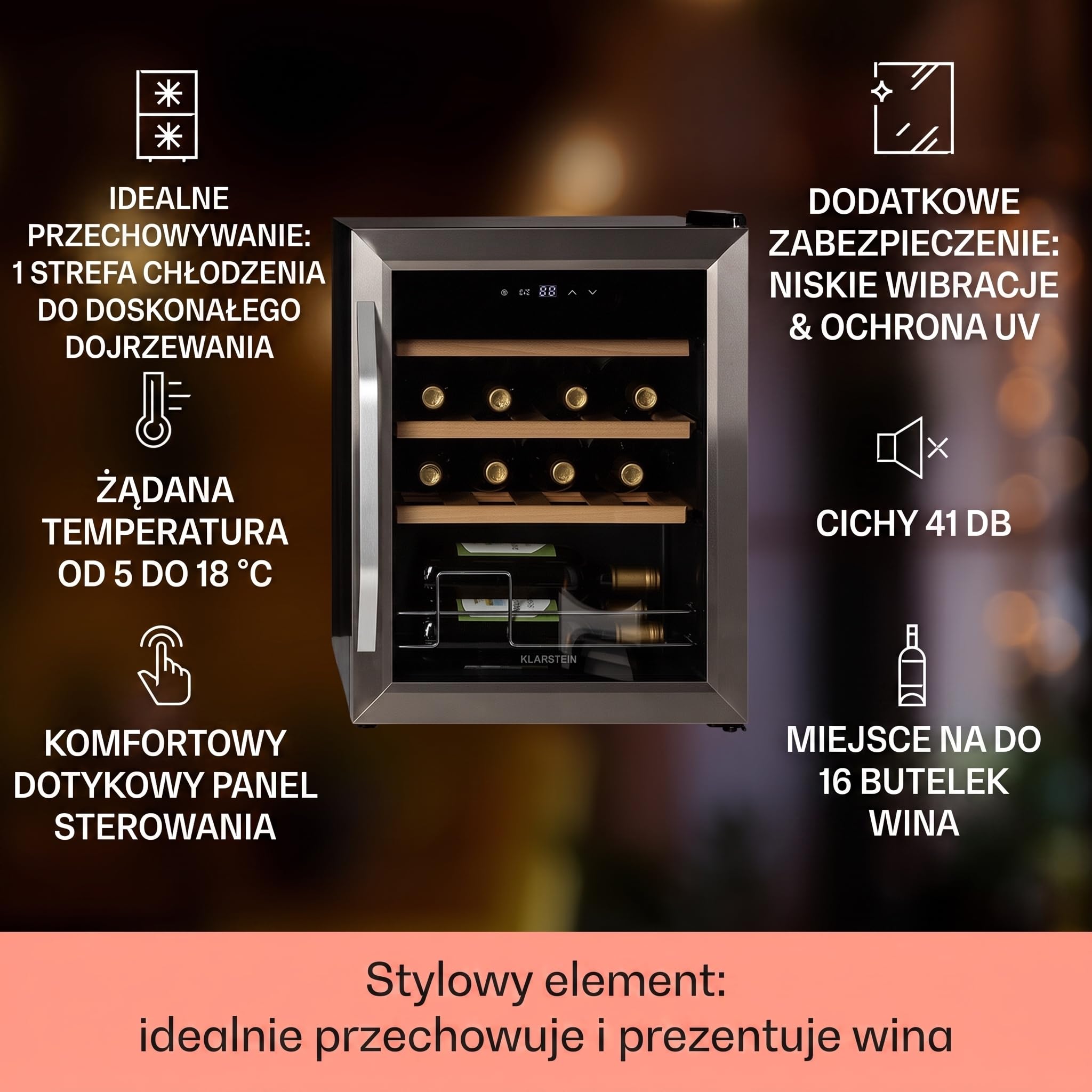 Klarstein Chłodziarka do wina, Wąska lodówka na napoje, lodówka ze szklanymi drzwiami, Wolnostojące chłodziarki, Mała chłodziarka do wina, 1 strefa, Ochrona UV, 5-18 °C, 16 butelek