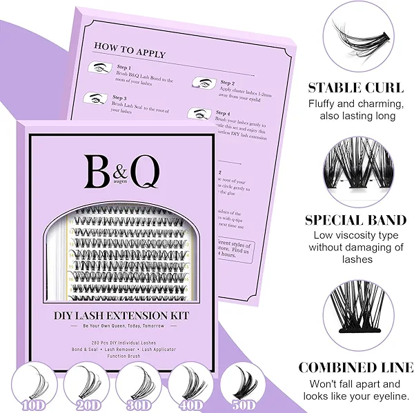 B&Q Lash Clusters Kit 280PCS Eyelash Clusters Kit,30D 40D D 9-16MIX Individual Lash Comfortable Eyelash Extension Set, Classic Look with Bond and Seal Waterproof, Remover DIY at Home(Set,30D+40D)