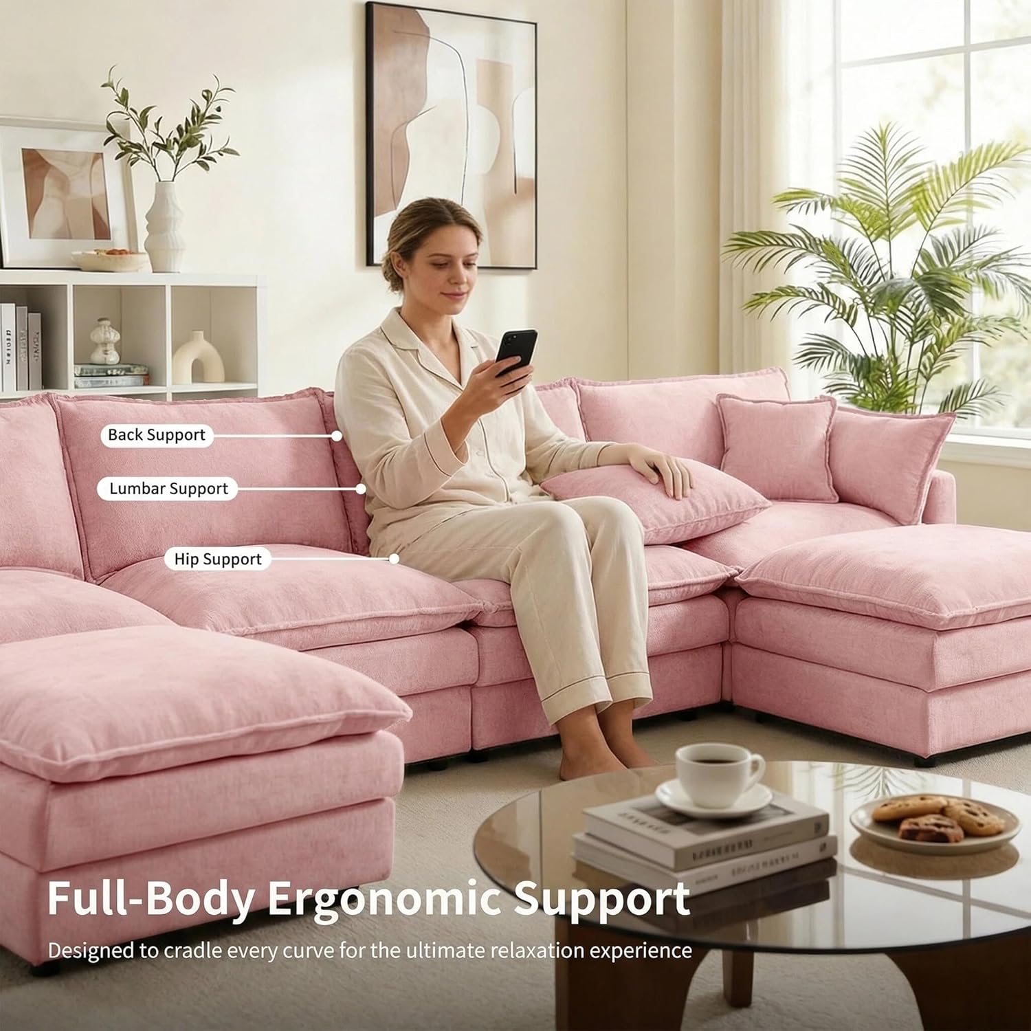 131" Cloud Couch Sectional, U-Shaped Modular Sectional Sofa with Chaise & 4 Removable Washable Pillows, Oversized 4-Seat Couch for Living Room, Modern Deep Seat Cloud Sofa Sectional, Pink