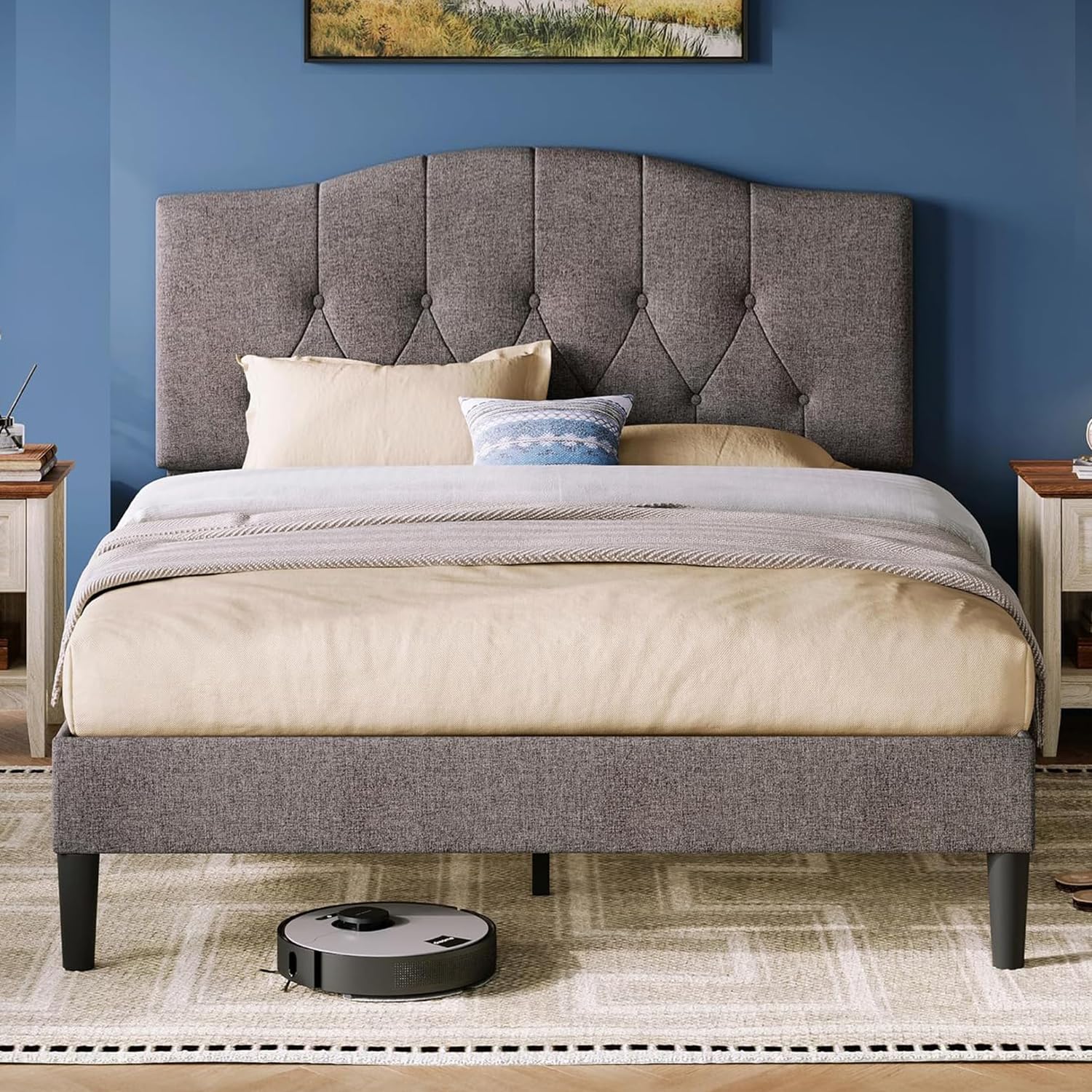 LINSY Upholstered Queen Bed Frame, Platform Bed Frame with Adjustable Headboard & Solid Wood Slat Support, Heavy Duty Platform Bed Queen Size, NO Box Spring Needed, Noise-Free, Dark Grey