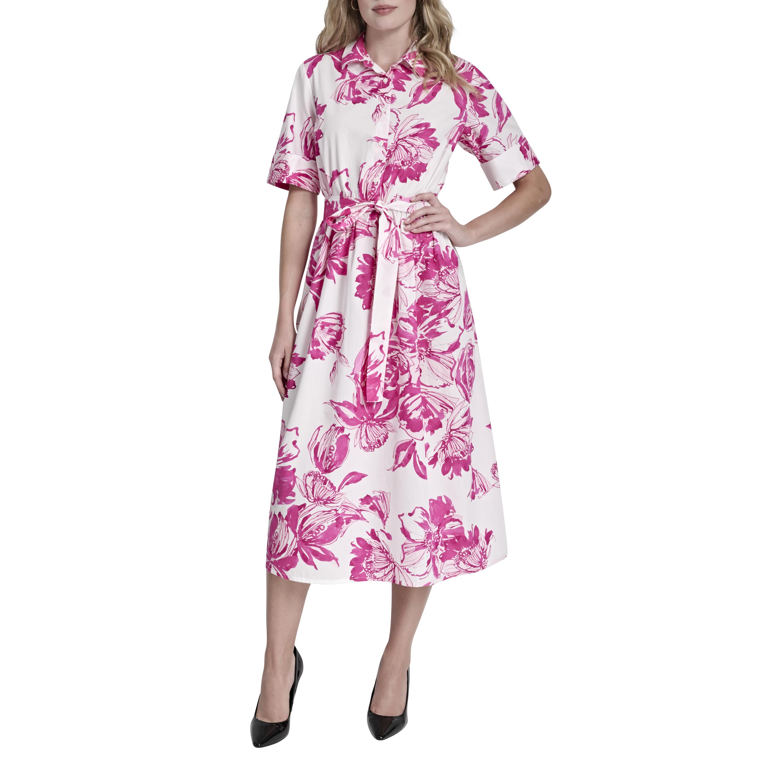 DKNY Women's Short Sleeve Cotton Poplin Collared Midi Shirtdress