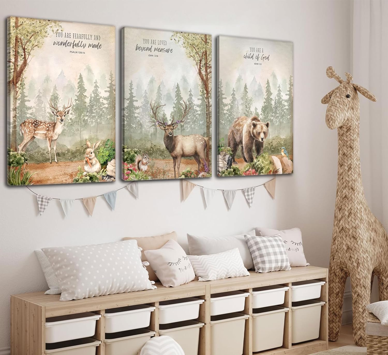 3Pcs Woodland Animal Nursery Wall Art Wild Animals Forest Posters Prints Deer Bear rabbit Christian Canvas Wall Decor for Boys Room Girls Room painting pictures Framed
