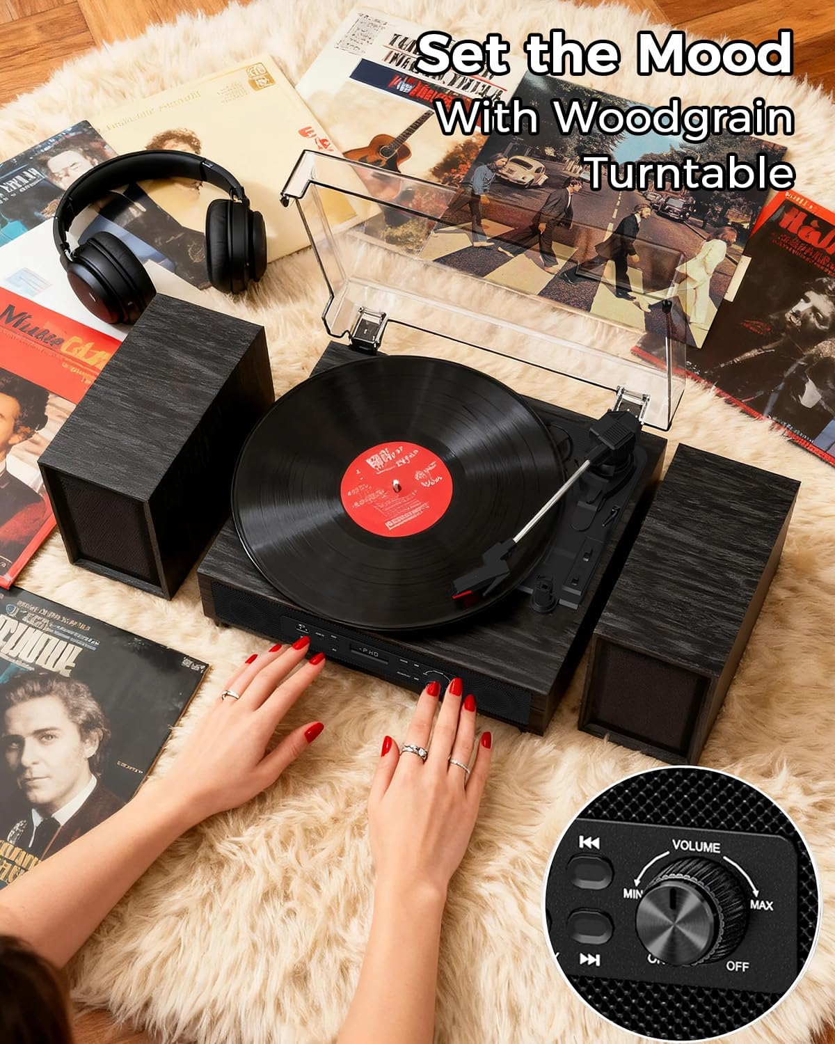 Vinyl Record Player with 4+2 External Stereo Speakers Bluetooth 3-Speed Belt Drive Turntable for Vinyl Records Two Speakers USB/SD Recording RCA Headphone Out& AUX-in, Vintage Black Wood