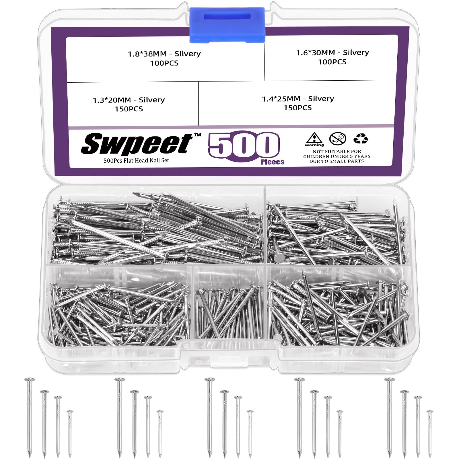 Swpeet 900Pcs 4 Sizes Hardware Nails Assortment Kit, Silver Galvanized Nails, Small Nails, Pin Nails, Finishing Nails