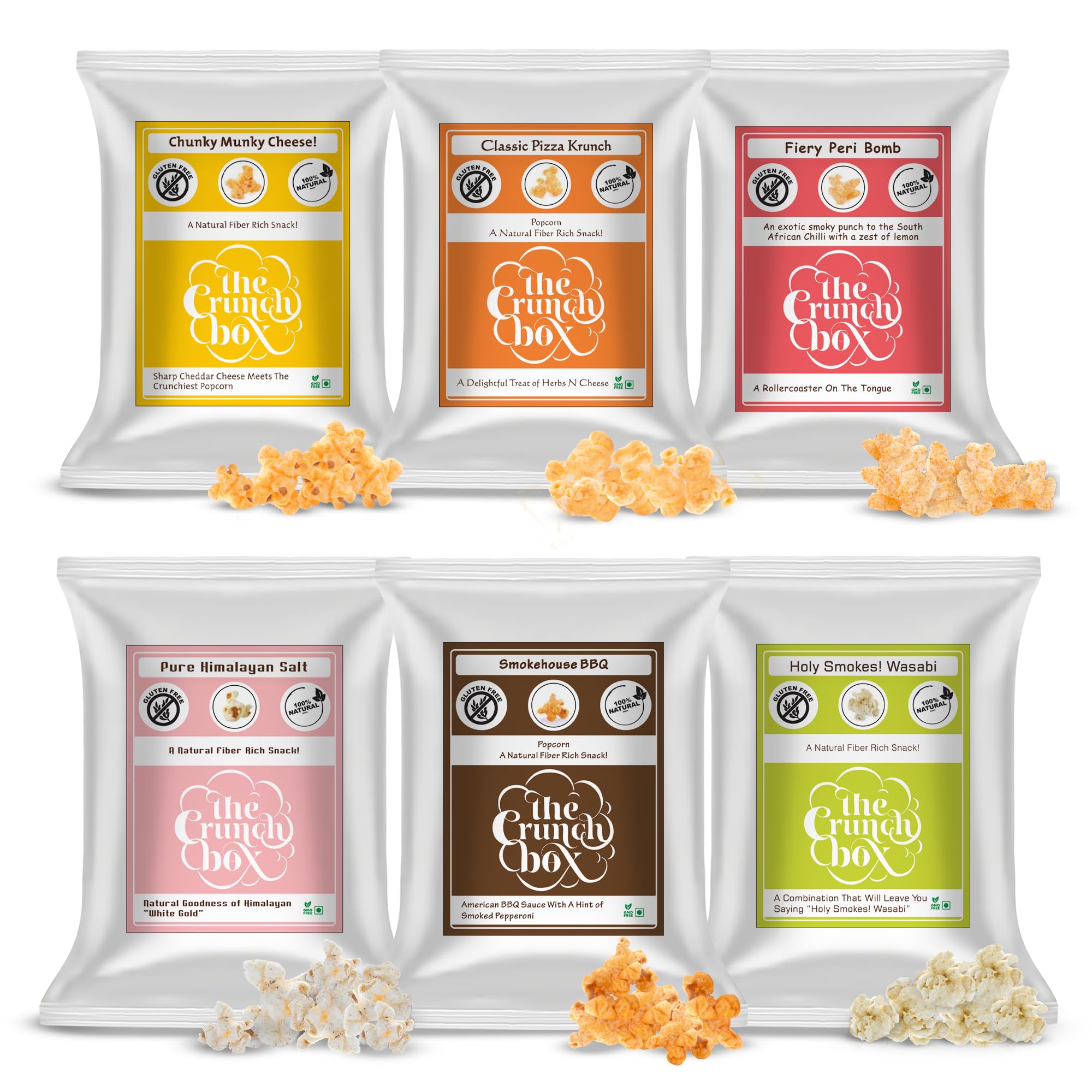The Crunch Box Presents Travel Friendly Combo Pack of 6 | Cheese; Pizza; Peri Peri; Himalayan Salt; BBQ & Wasabi | 6x60gms | Enjoy Combo Pack Ideal for Sharing with All Age Groups and Parties-image-36