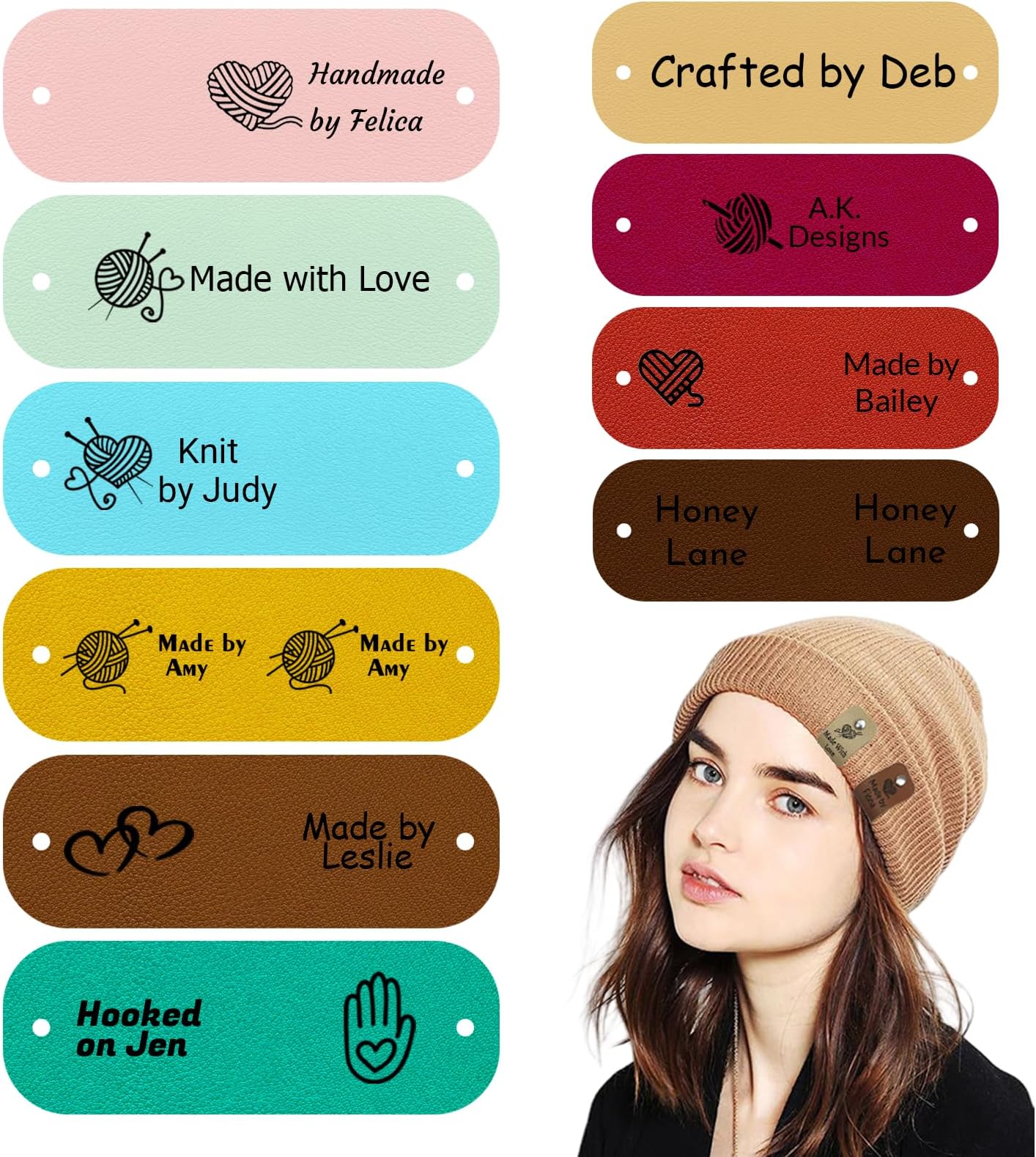 Custom Labels for Crochet and Knits Projects,Personalized Handmade Leather Embossed Tags Embellishment with Rivets,Cute Handmade Tags 2.5 x 0.8 in,DIY Jeans Bags Shoes Hat Crafts(B-Pack of 10)
