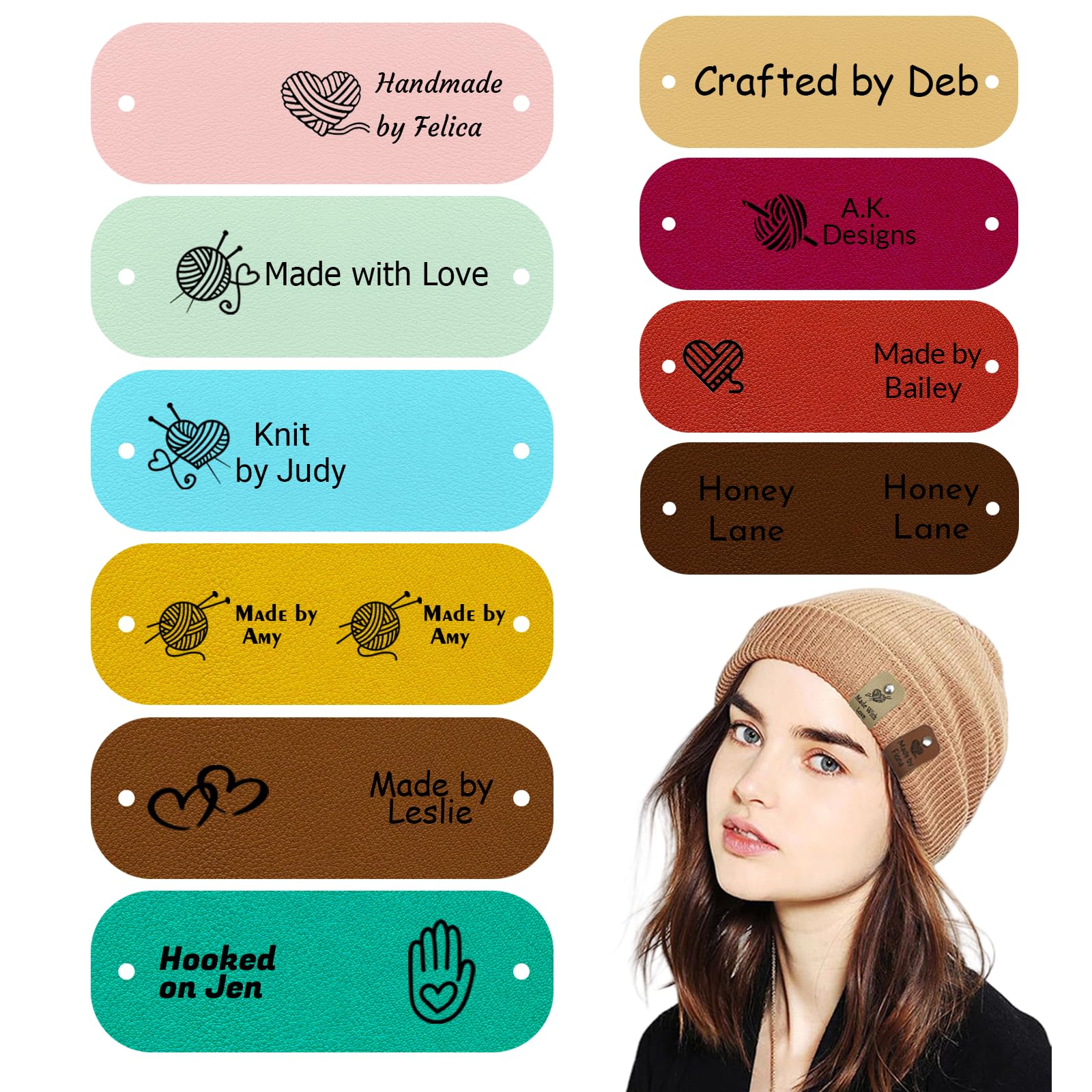 Custom Labels for Crochet and Knits Projects,Personalized Handmade Leather Embossed Tags Embellishment with Rivets,Cute Handmade Tags 2.5 x 0.8 in,DIY Jeans Bags Shoes Hat Crafts(B-Pack of 10)