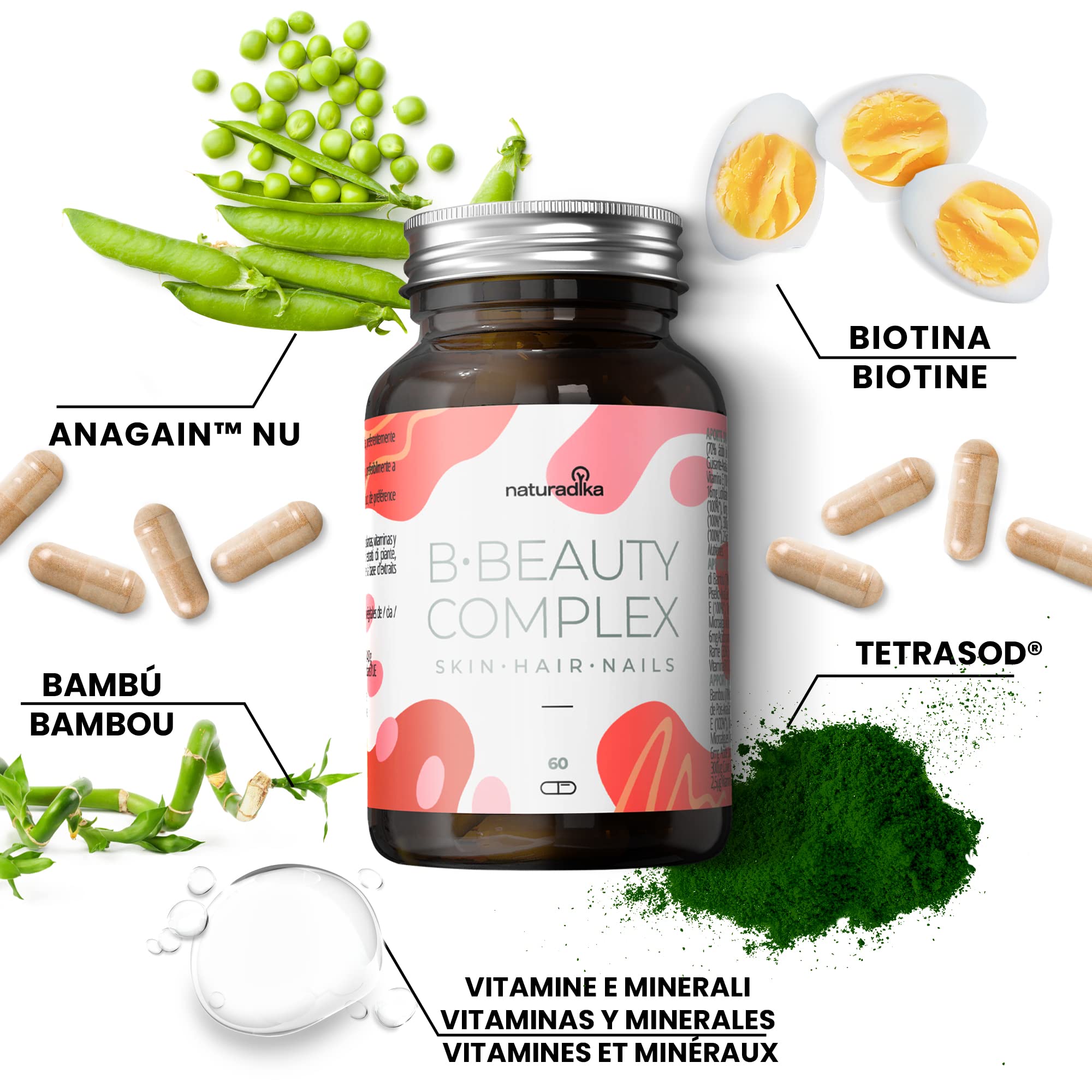 Integratore per Capelli con Biotina e Vitamine B·Beauty Complex | Effetto Anticaduta | Stimola Crescita e Ricrescita | Rinforza Unghie e Capelli | Nutre la Pelle | Integratori per Donna Naturadika