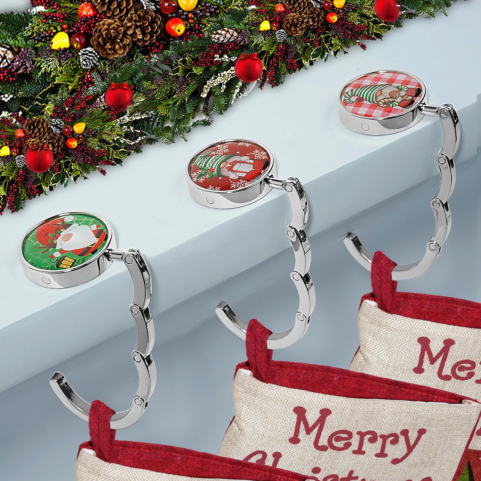 Christmas Stocking Holders for Mantle Set 3,Upgrade Non-Slip Fireplace Garland Stocking Hooks,Silver Lightweight Santa Claus Metal Stocking Hangers for Mantel Party Xmas Decoration