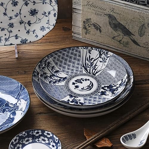 Miniatura 6 de Gegong Paquete de 4 platos de porcelana azul y blanca para servir platos florales poco profundos, aperitivo, ensalada, postre (8 pulgadas,