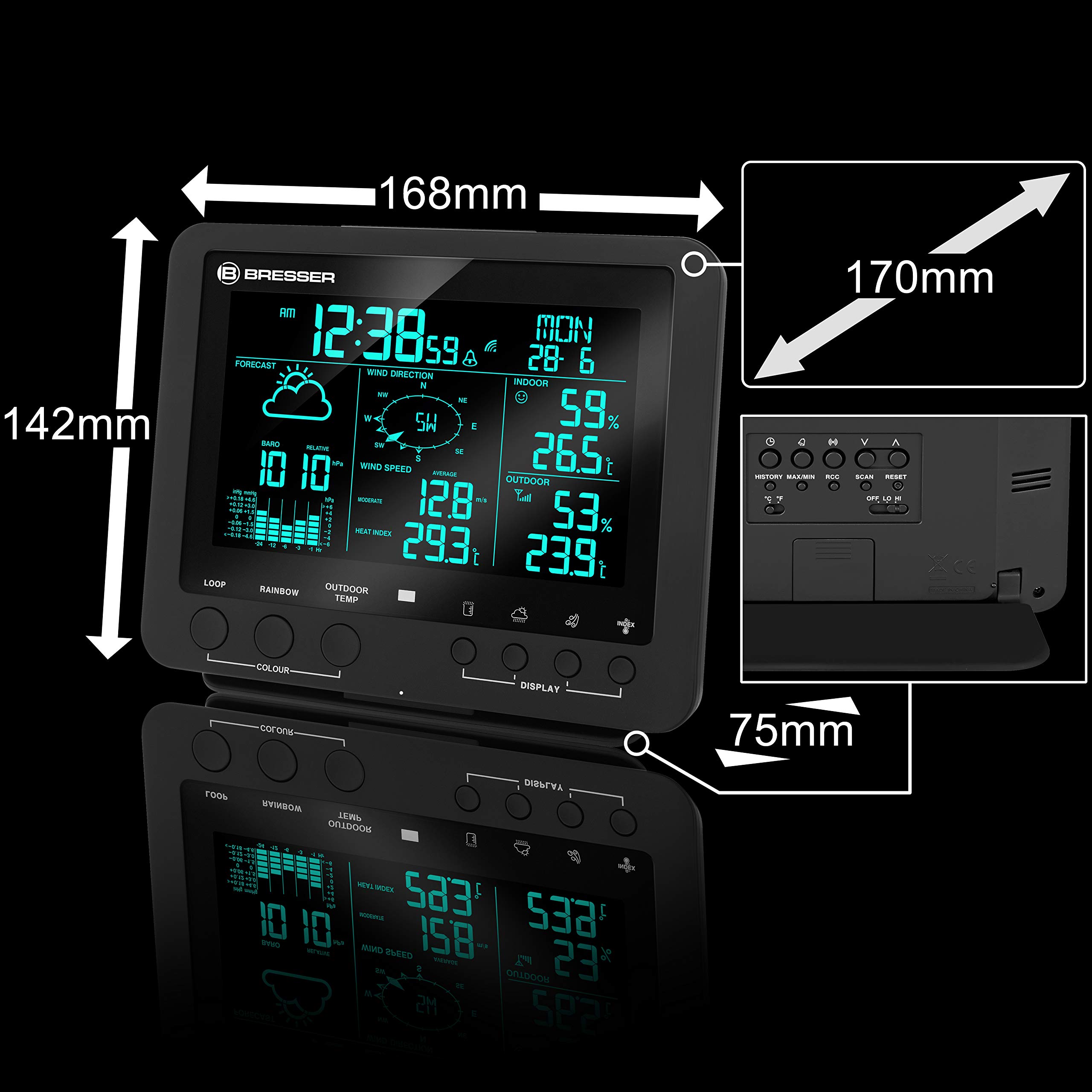 Bresser Wetterstation Funk mit Außensensor Wetter Center 5-in-1 mit 5,7 Zoll Display und Außensensor für Temperatur, Luftfeuchtigkeit, Wind, Luftdruck, Regenmesser, schwarz