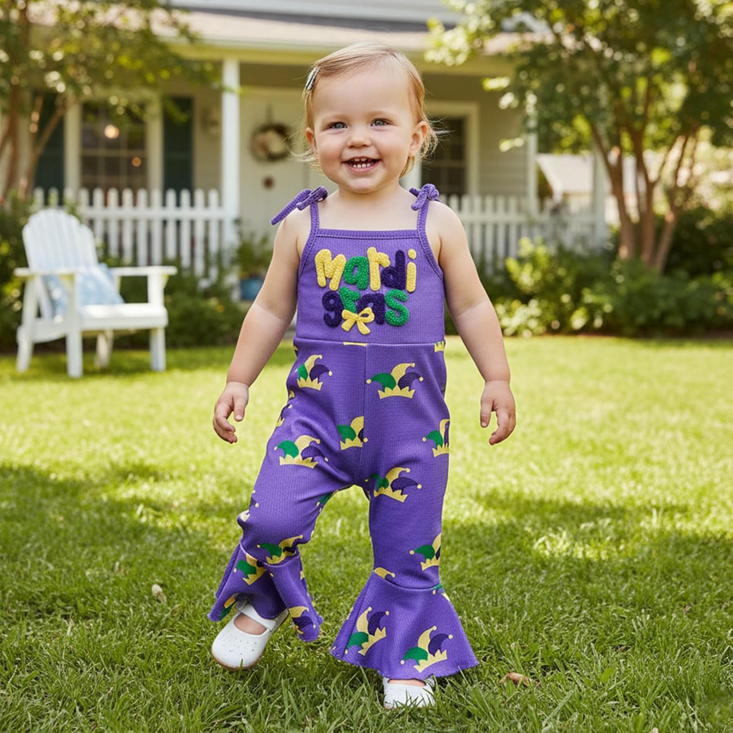 YOKJZJD Toddler Baby Girl Mardi Gras Outfit Suspender Romper Jumpsuit Overalls Bell Bottom Pants Fall Clothes - Image 2