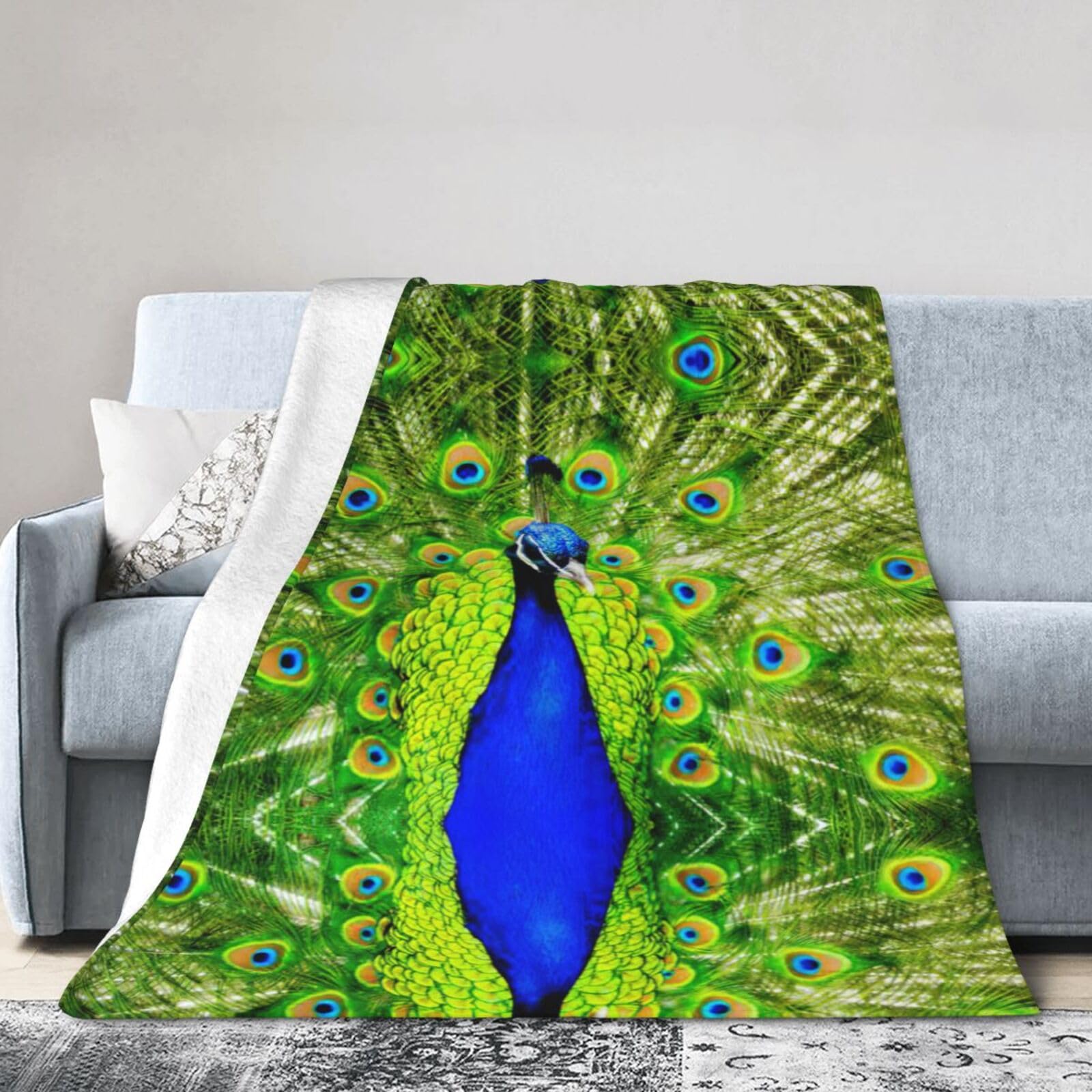 Uusnwaa Soft Cosy Fleece Warm Throw Blue Peacock Print Blanket