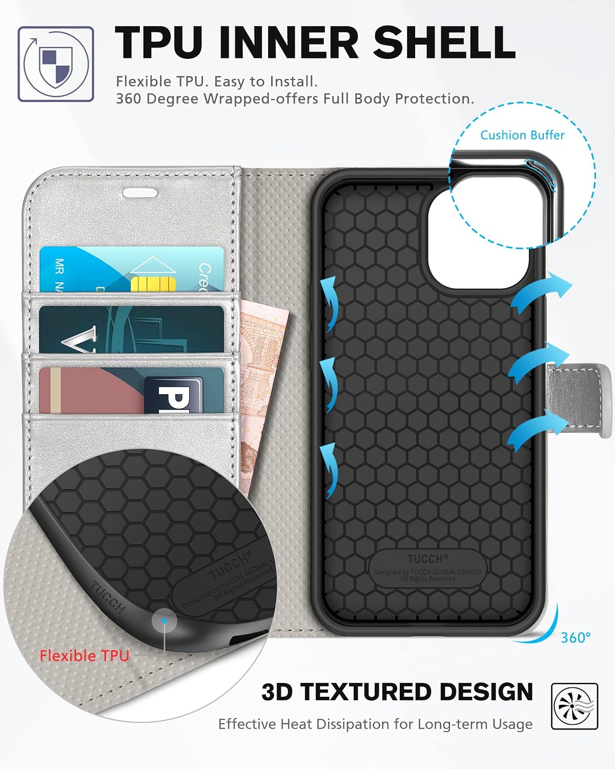 TUCCH Case for iPhone 13 Wallet Case, [RFID Blocking] [Card Slot] Stand with [Shockproof TPU Case] PU Leather Magnetic Protective Flip Cover Compatible with iPhone 13 6.1-inch 2021, Shiny Silver