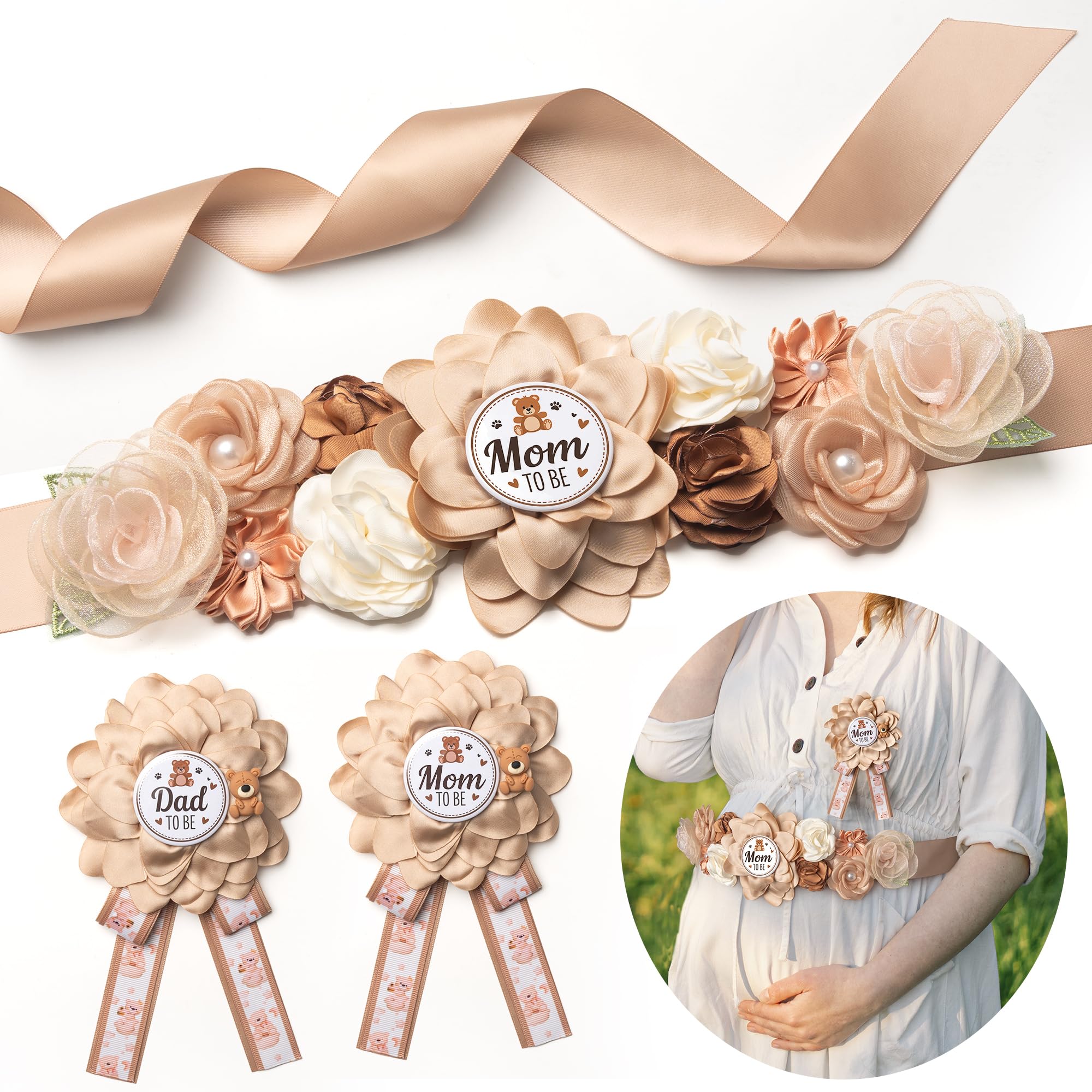 Baby Shower Sash Decorations Mom to Be Corsage Gift Dad to Be Pin 3Pack Set Flower Belt for Maternity Dress - Gender Reveal Pregnancy Photo Props