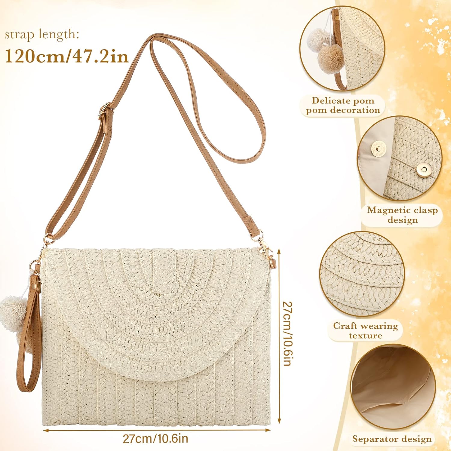 Jiuguva Shoulder Bag Crossbody Bag Women's Sun Straw Hat Retro Round Sunglasses Long Leaf Pendant Dangle Necklace 4 Pairs Bohemian Acrylic Rattan Metal Earrings Jewelry Set