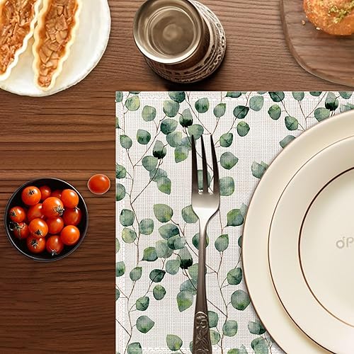 Miniatura 5 de Juego de 6 manteles individuales de eucalipto verde salvia, lavables, resistentes al calor, de 12 x 18 pulgadas, manteles individuales de lino con