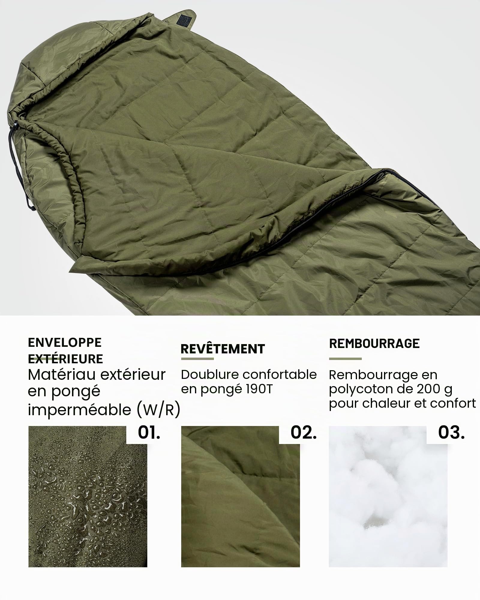 OneTigris Sac de couchage d'extérieur - Petit format une fois replié - 3 saisons - 8 °C à 15 °C - Ultra léger et compact - Pour camping, voyage, randonnée - Vert