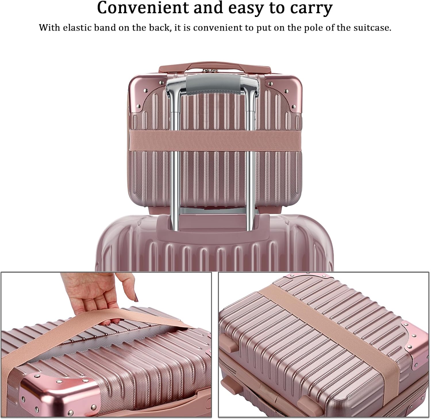 Portable Hard Shell Cosmetic Travel Case, Small Travel Hand Luggage with Elastic Band, Mini ABS Carrying Makeup Case Suitcase, Rose Gold