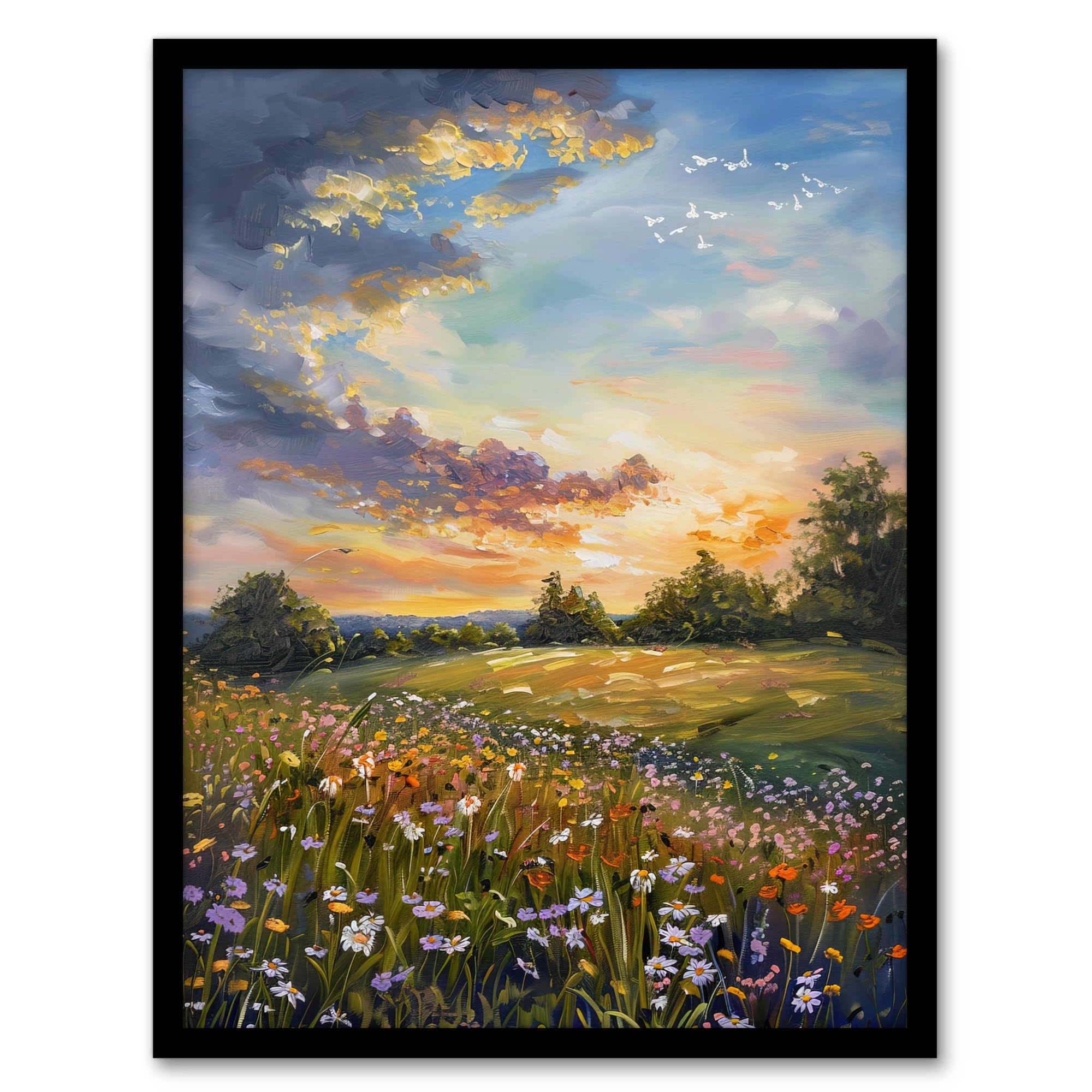 Artery8 Wildflower Meadow Landscape Oil Painting Spring Living Room Artwork Framed Wall Art Print A4