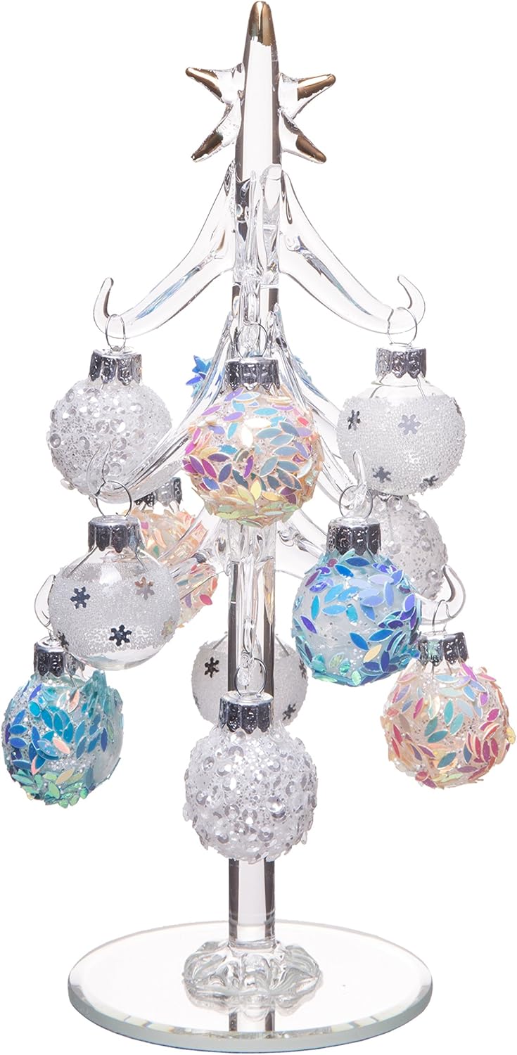 Red Co. 8" Small Glass Christmas Tree Tabletop Decoration with Removable Mosaic Sphere Ornaments, Holiday Season Décor