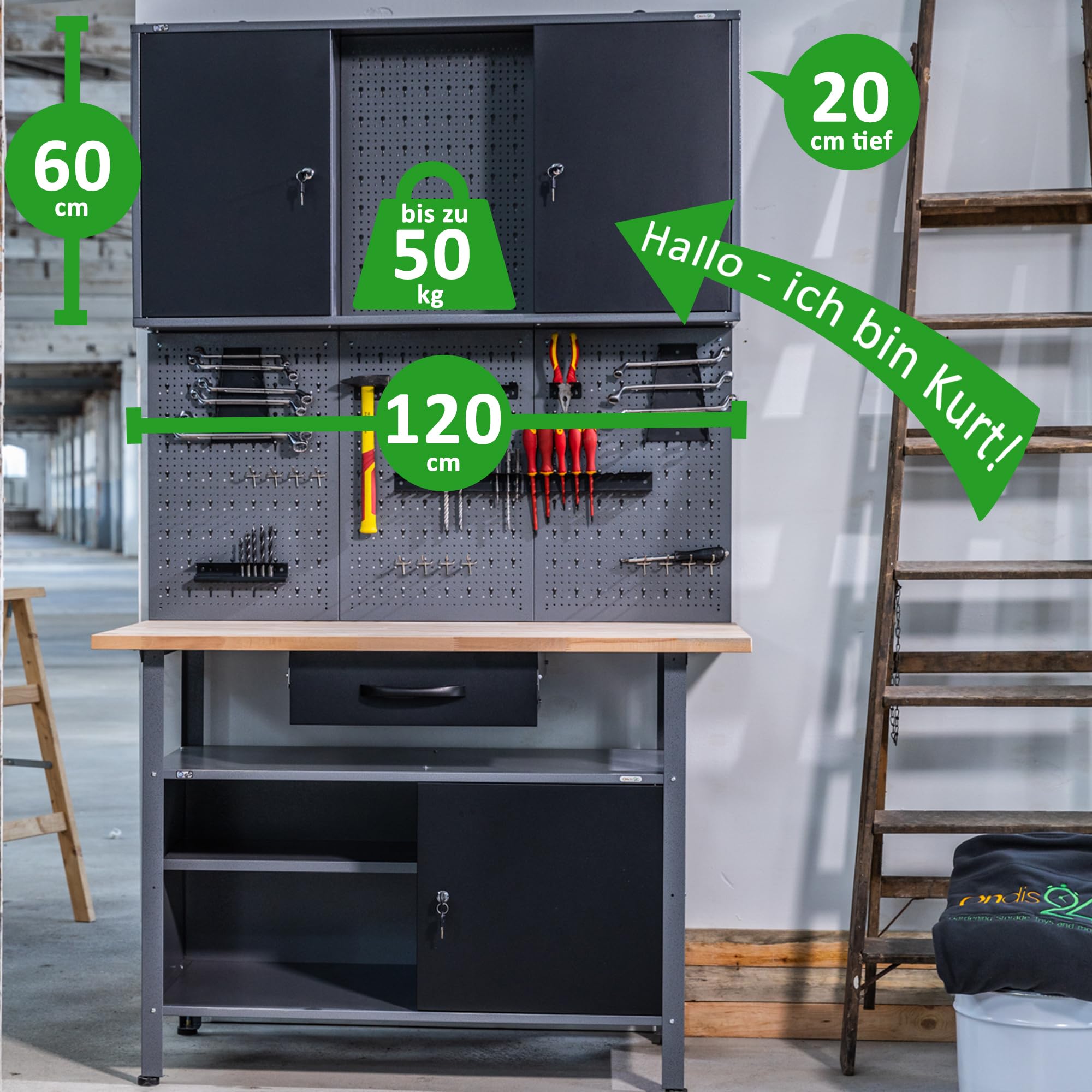 Ondis24 Werkstatt Hängeschrank Metall Werkzeugschrank abschließbar Grau Schwarz 120 cm - Kurt