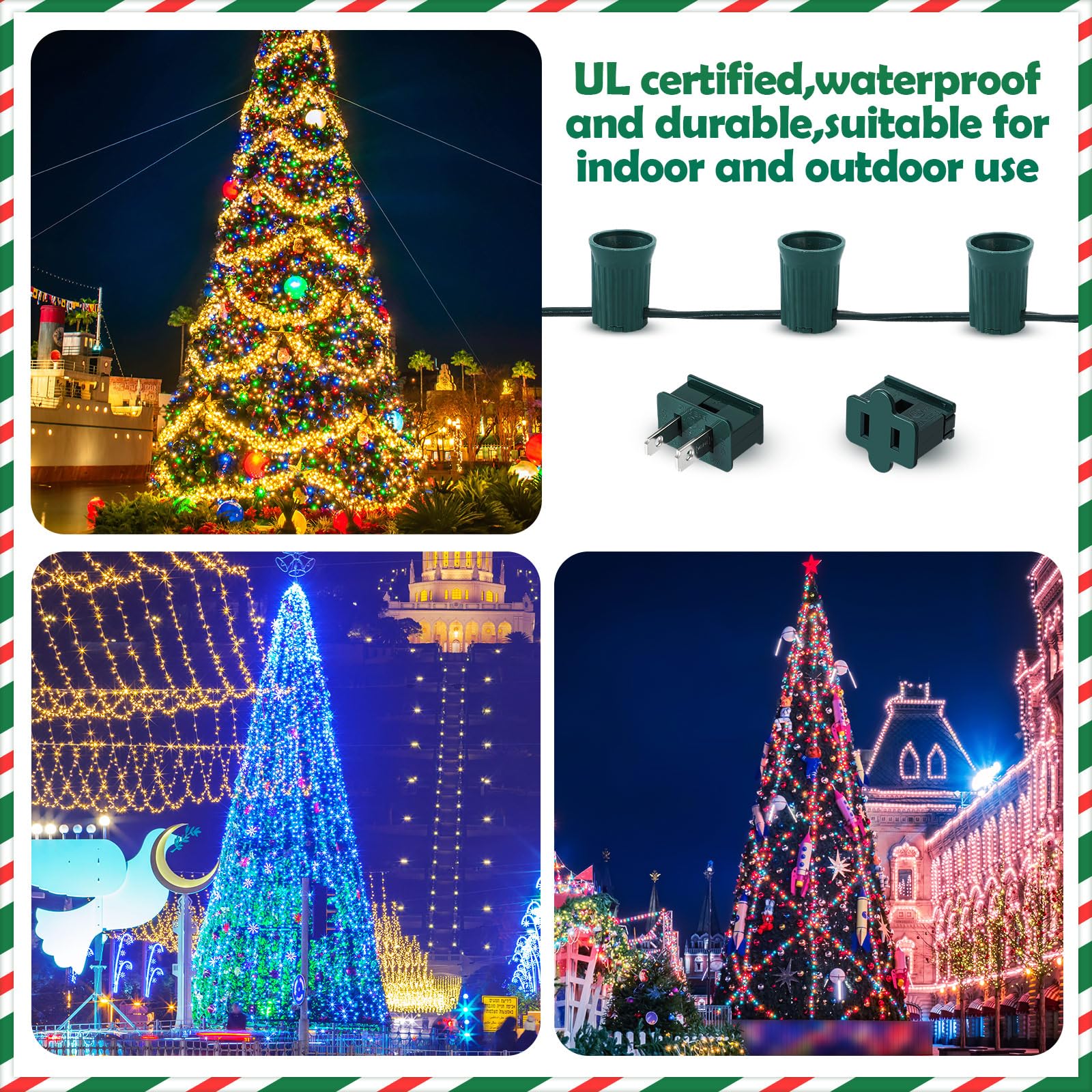 Copkim Juego de enchufes de luz de Navidad C9/E17, carrete para exteriores, con certificación UL, tira de luces de Navidad, a granel, salida de iluminación de vacaciones, 12 espacios, para decoración