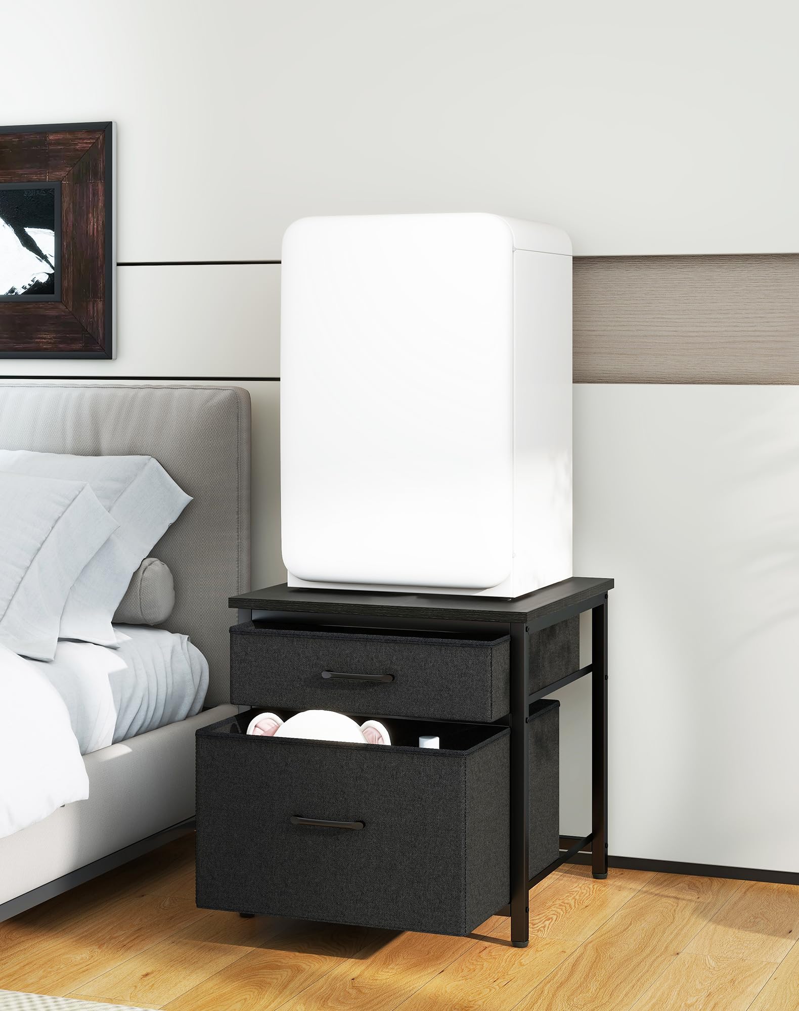 Mini soporte para refrigerador con almacenamiento, mini gabinete para refrigerador con cajones de tela, mesa compacta de 250 libras, estante de barra de café, para el hogar, oficina, dormitorio 8