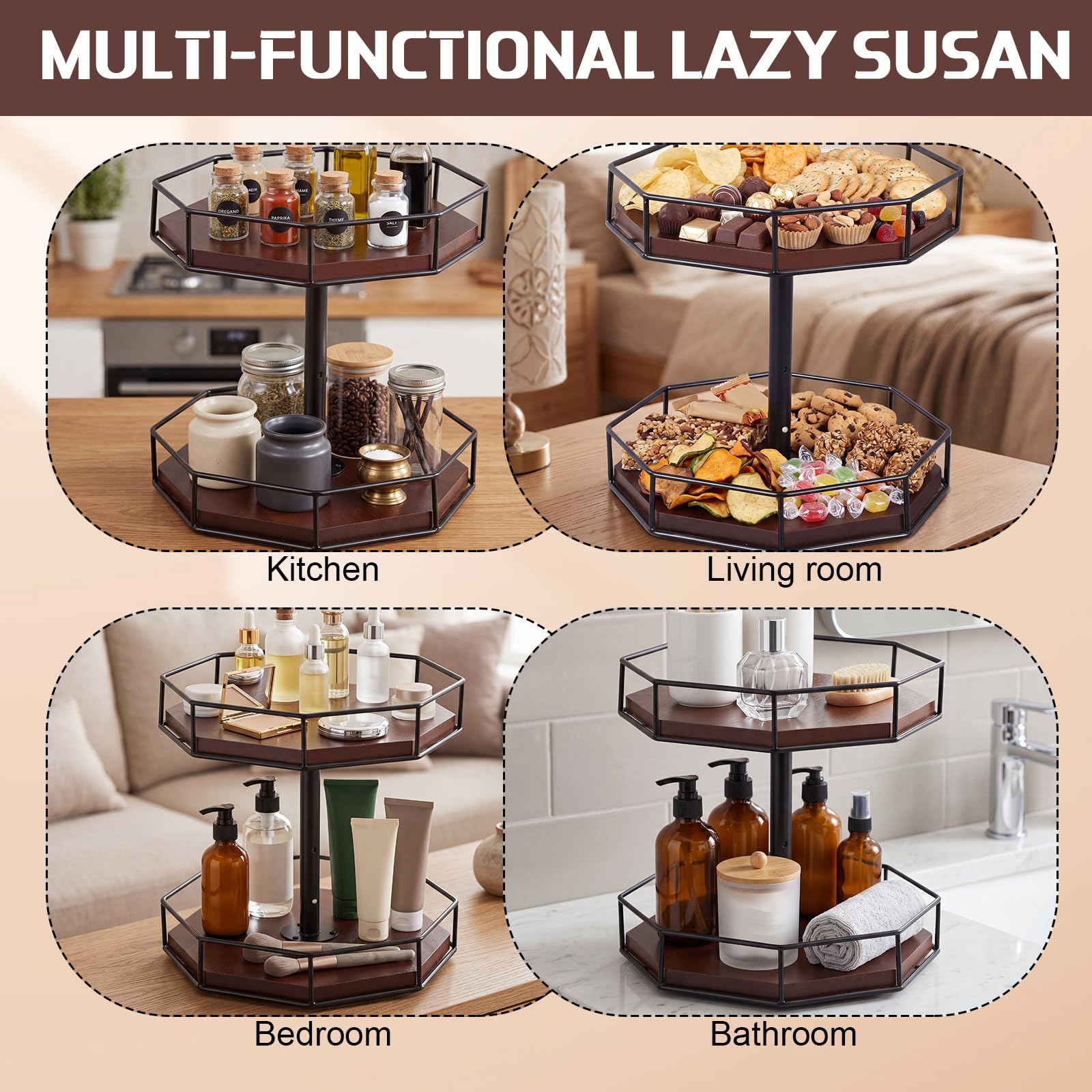 Sliner Lazy Susan - Organizador de especias de 12 pulgadas, ajustable, octogonal, organizador de especias de madera, giratorio, estante giratorio para gabinete, cocina, encimera, despensa, baño
