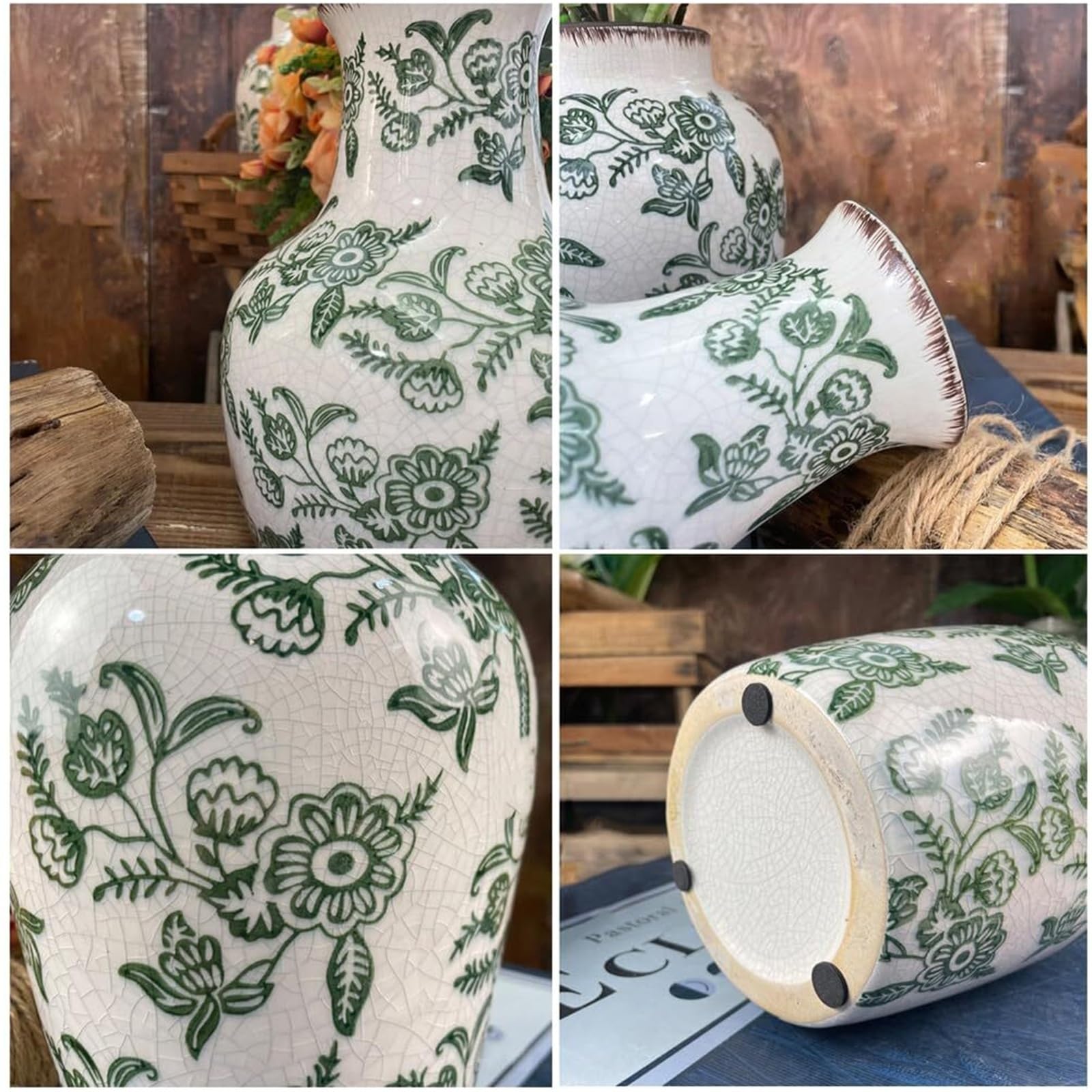 Wazony na kwiaty w stylu vintage, zielone ceramiczne wazony na kwiaty, rozbity wazon chinoiserie, doniczka ze szkła imbirowego, dekoracja stołu (A)