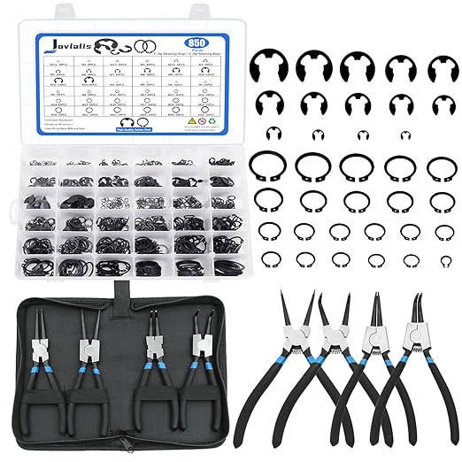 850Pcs C-clip External Retaining Rings Snap Rings Assortment Kit Circlip Alloy Steel(M4-M28) + E-clip Retaining Rings Assortment Set(1.5mm-15mm) + 4-Piece 7-inch Snap Ring Pliers Set