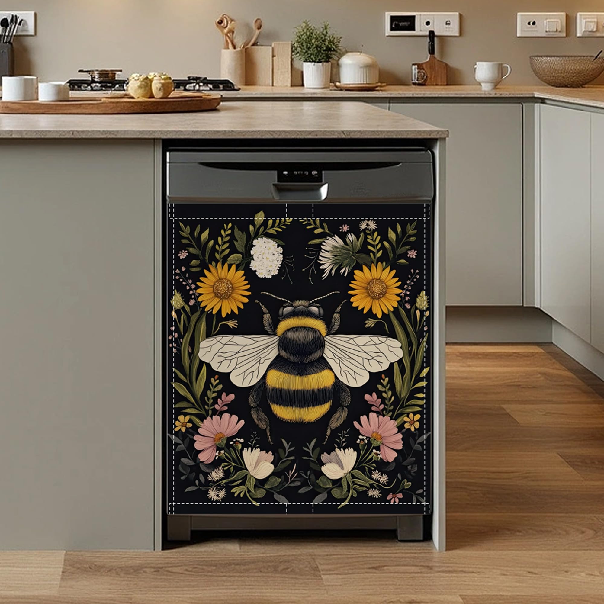 Honeybee Flower Dishwasher Magnet Cover,Front Dishwasher Cover Decoration Reusable Decorative Magnetic Cover for Home Kitcen Appliance 23x26 Inch