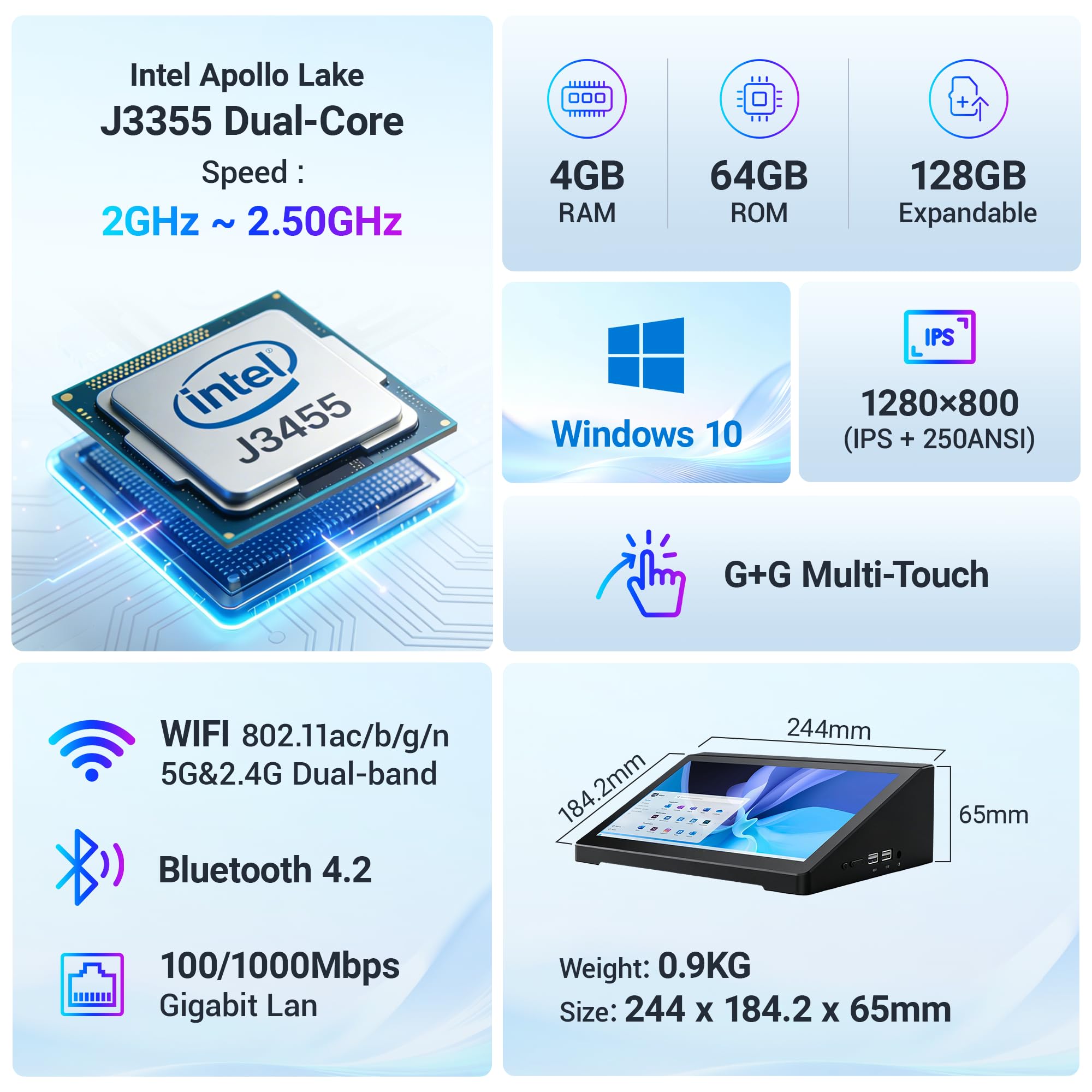 PC industriale da 10,1" con touch screen J3455, batteria, Win 10 Mini PC, 4GB RAM, 64GB EMMC, 4K HDMI 1.4, RS232, Dual Band WLAN 5 – per POS, chiosco, Digital Signage