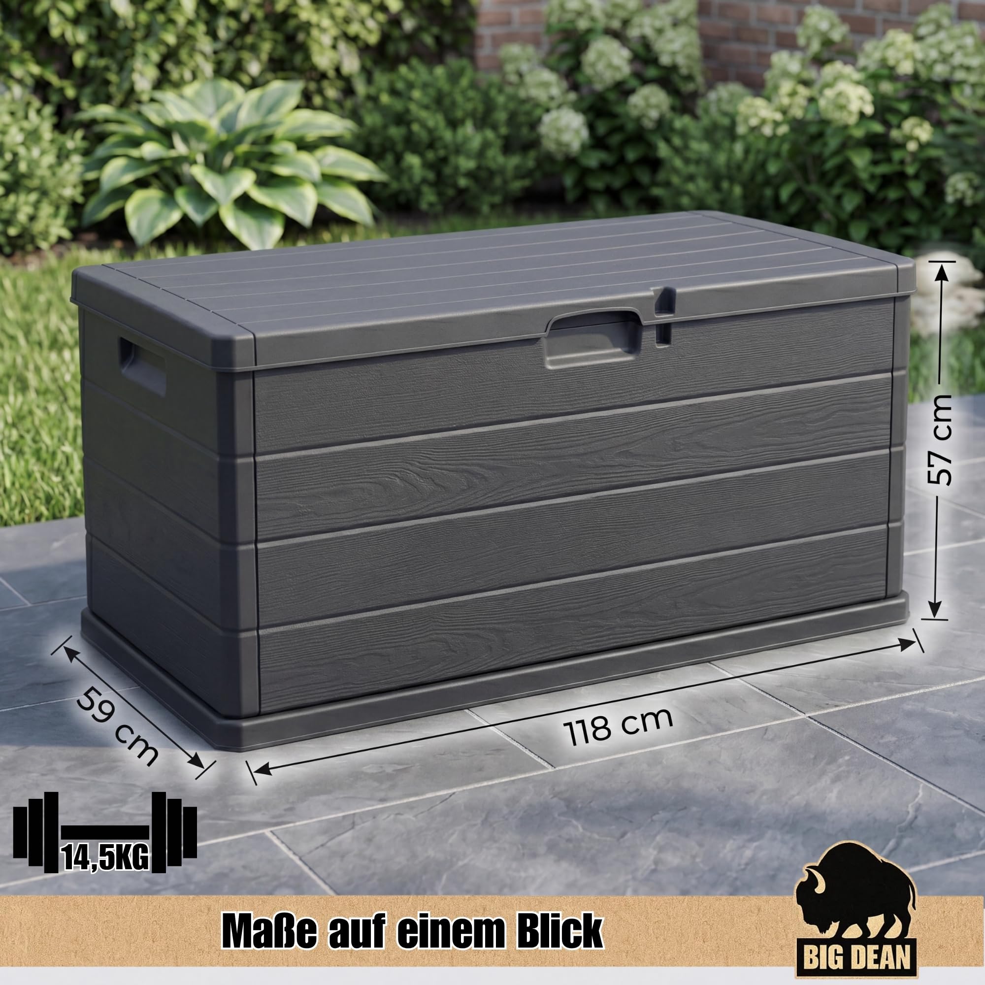 BigDean Auflagenbox Kissenbox Klicksystem 340 Liter Deckel abschließbar | Stabiler und überlappender Deckel hält Feuchtigkeit fern