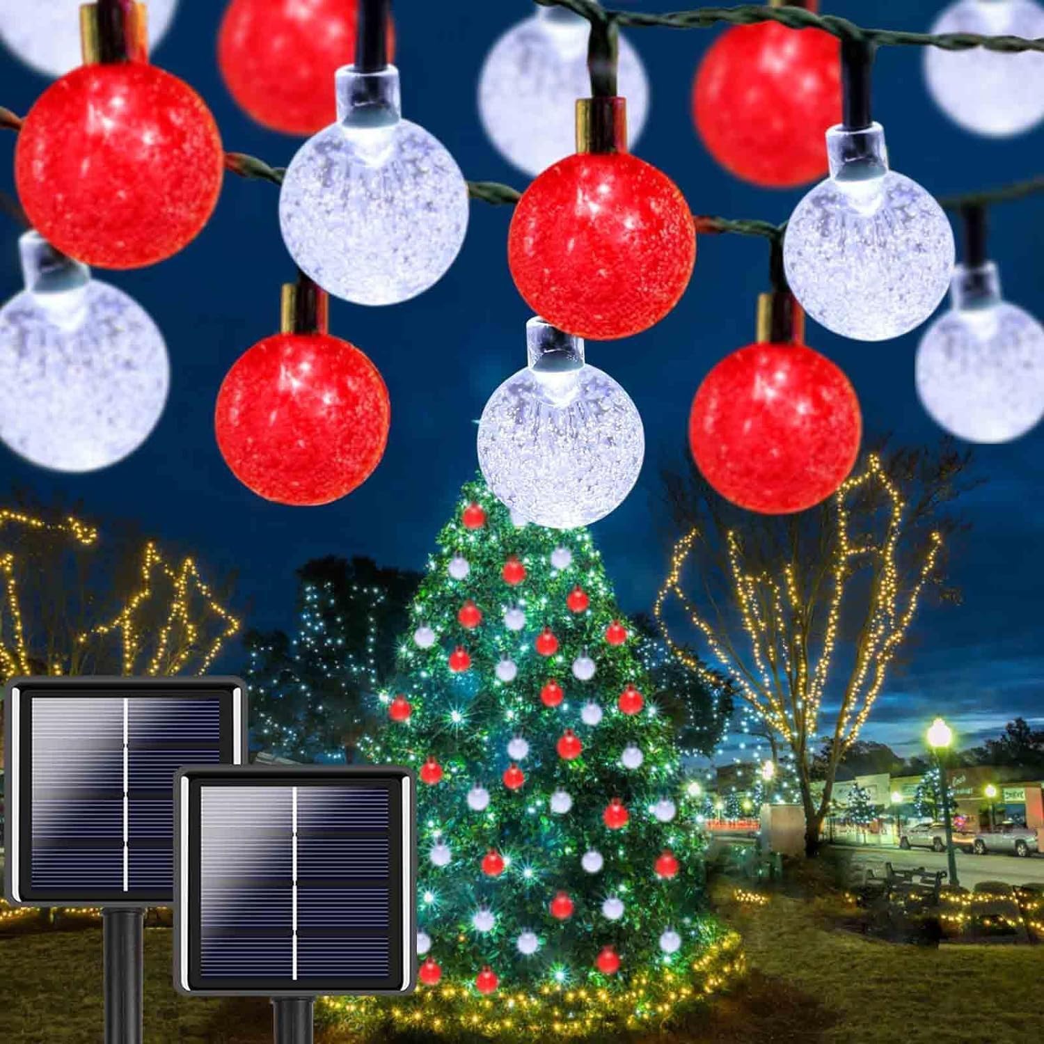 Hiseng Catena Luminosa Esterna Solare, Luci Solari Esterno da Giardino a Bolle, Lampade Solari Impermeabili per Campeggio, Terrazzo, Balcone (Rosso Bianco,32M)
