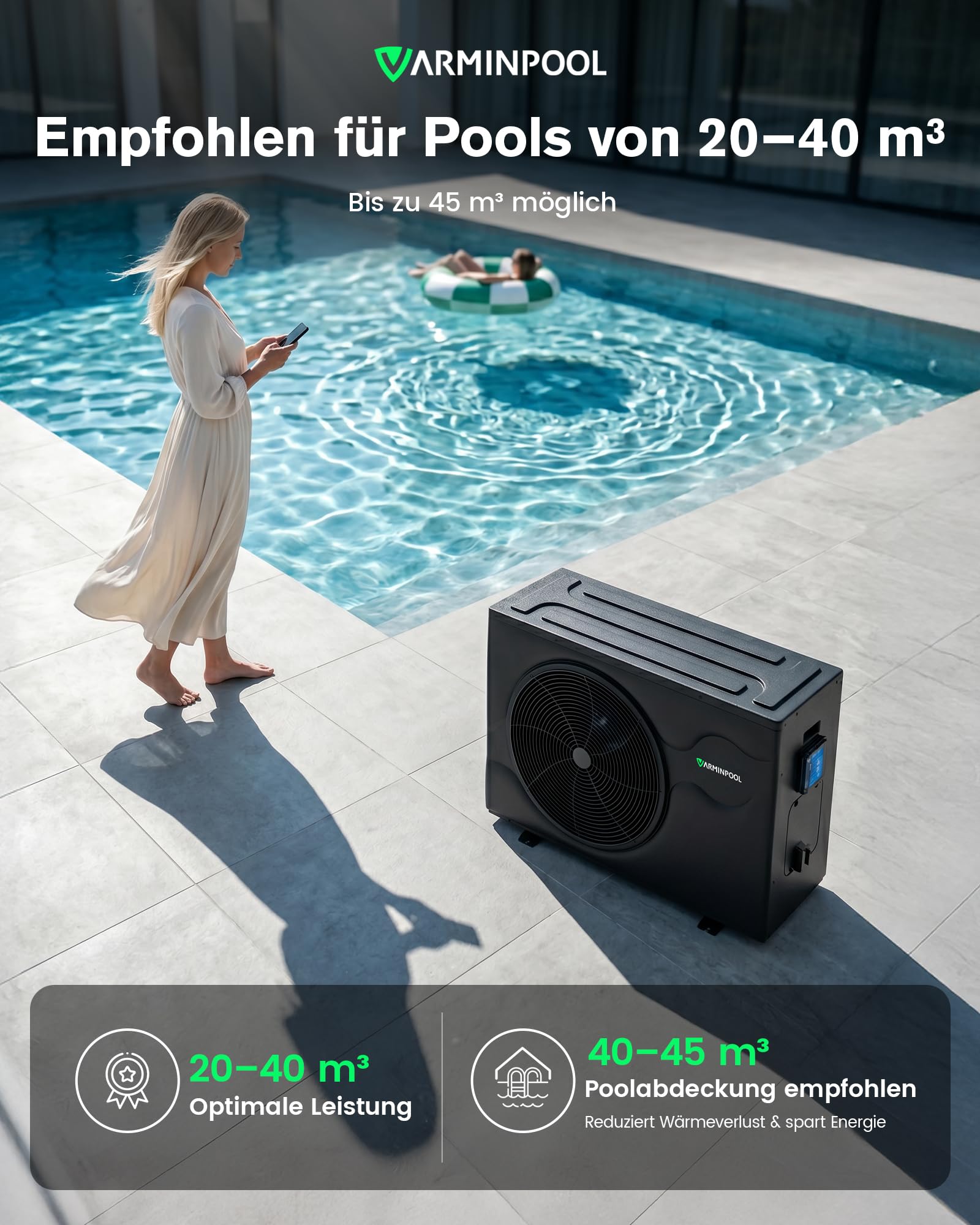Pool Wärmepumpe bis 12 kW für Pools bis 45.000 L, Inverter Poolheizung elektrisch mit Heiz- & Kühlfunktion, COP bis 13,0, leise 42–53 dB(A), R32, DN50, IPX4, für Gartenpool Aufstellpool