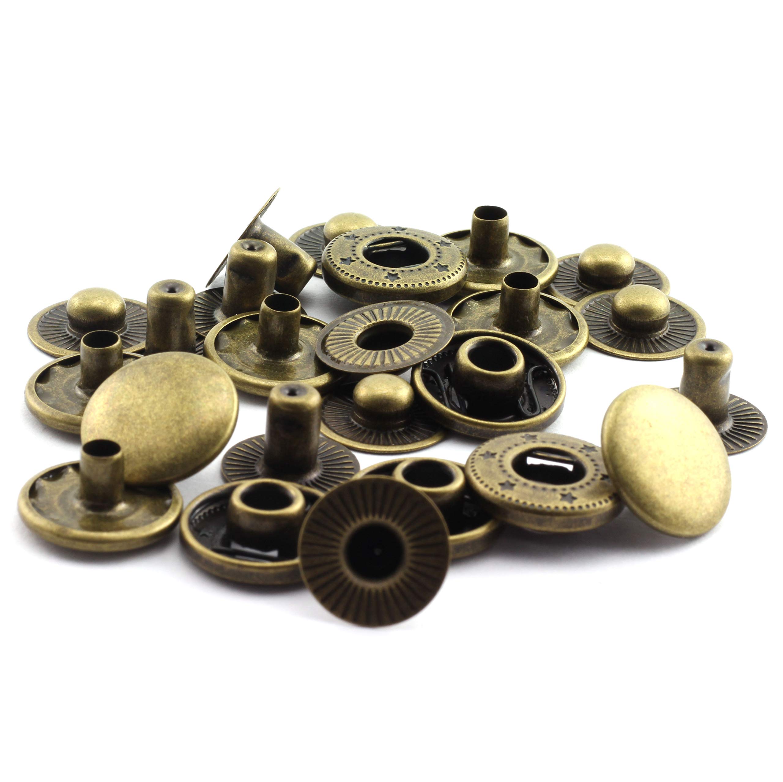 RuiLing 15 Sets 15mm (5/8 inch) Metal Snap Fasteners Press Stud Rounded Sewing Rivet Buttons Clothing Leather Craft DIY Poppers Bronze