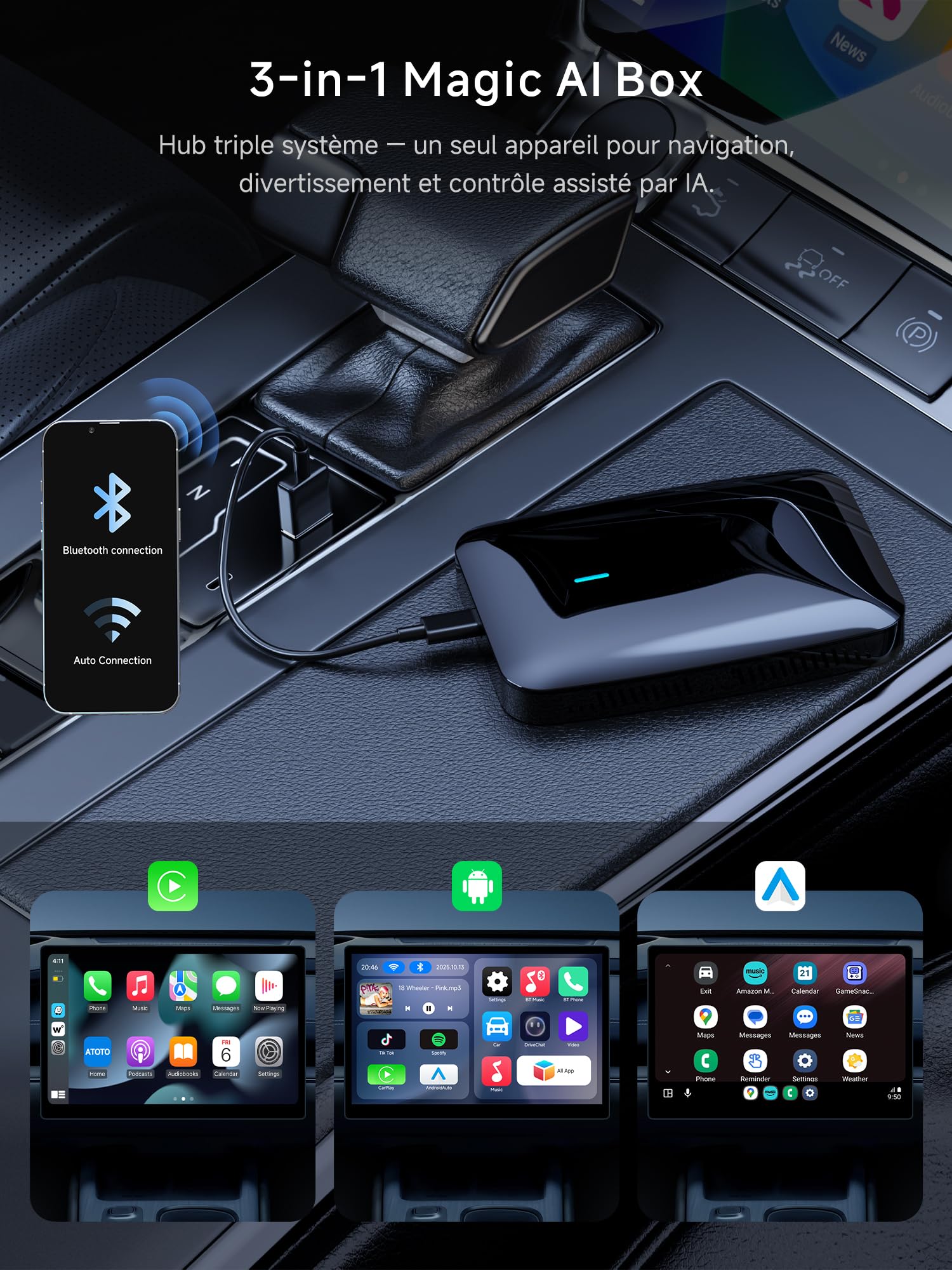 AI Box CarPlay/Android Auto Wireless Adapter, 4G+32G, Performance-Upgrade für Autos mit Kabel-CarPlay für Netflix/YouTube/TikTok, DriveChat AI, Dual-WiFi, IoT-Hub & Y-Kabel, CB4B