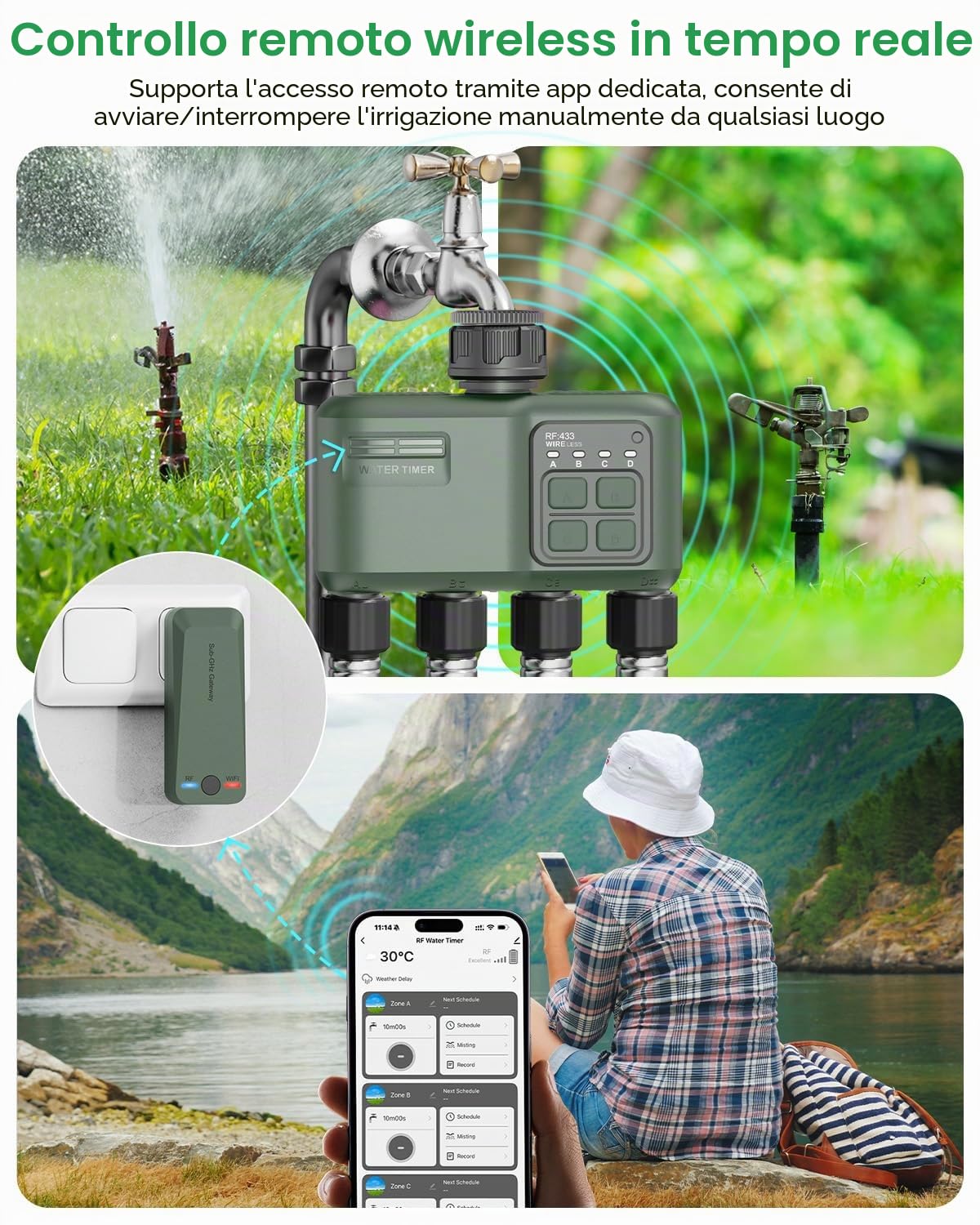 Timer per Irrigazione Wifi 4 Vie a Batteria Smart Programmabile Automatica Water Temporizzatore per Esterno Giardino Prato Orto