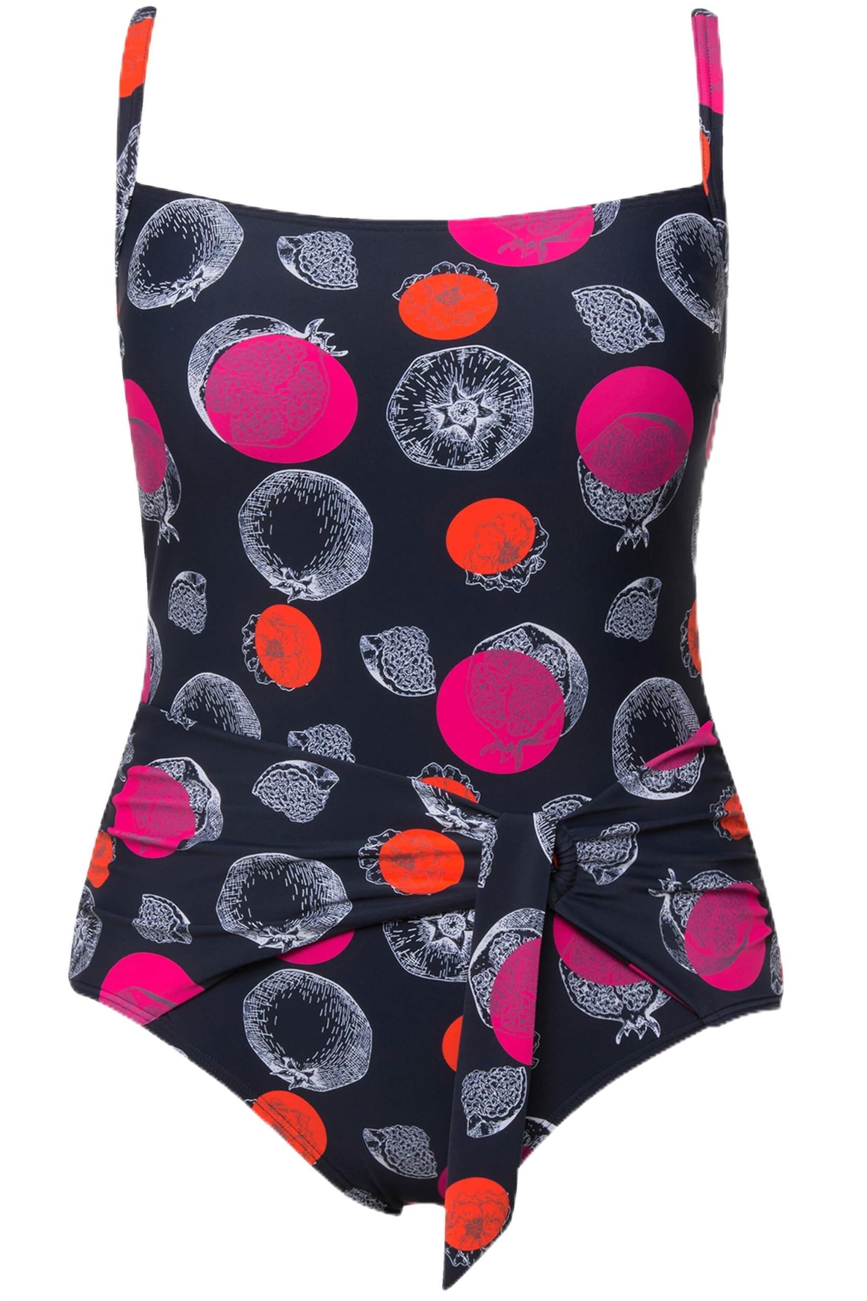Ulla Popken Damen große Größen Übergrößen Plus Size Badeanzug, Granatapfel-Punkte, Softcups, Wickeloptik 826250