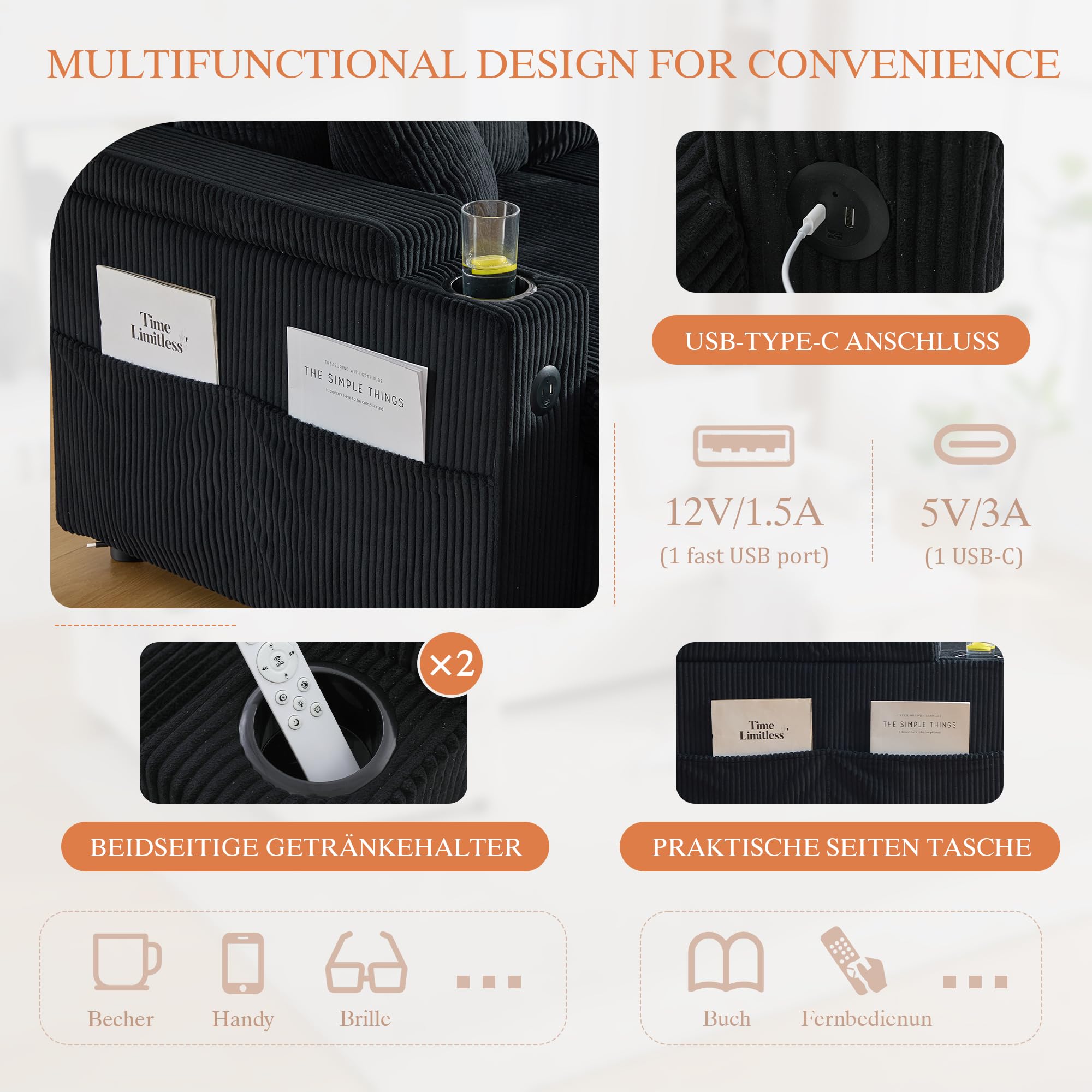 Canapé Convertible, Canapé lit modulable en U avec lit gigogne et méridienne de Rangement, canapé d'angle Convertible 2 à 4 Places avec 2 Porte-gobelets et Ports USB pour Salon