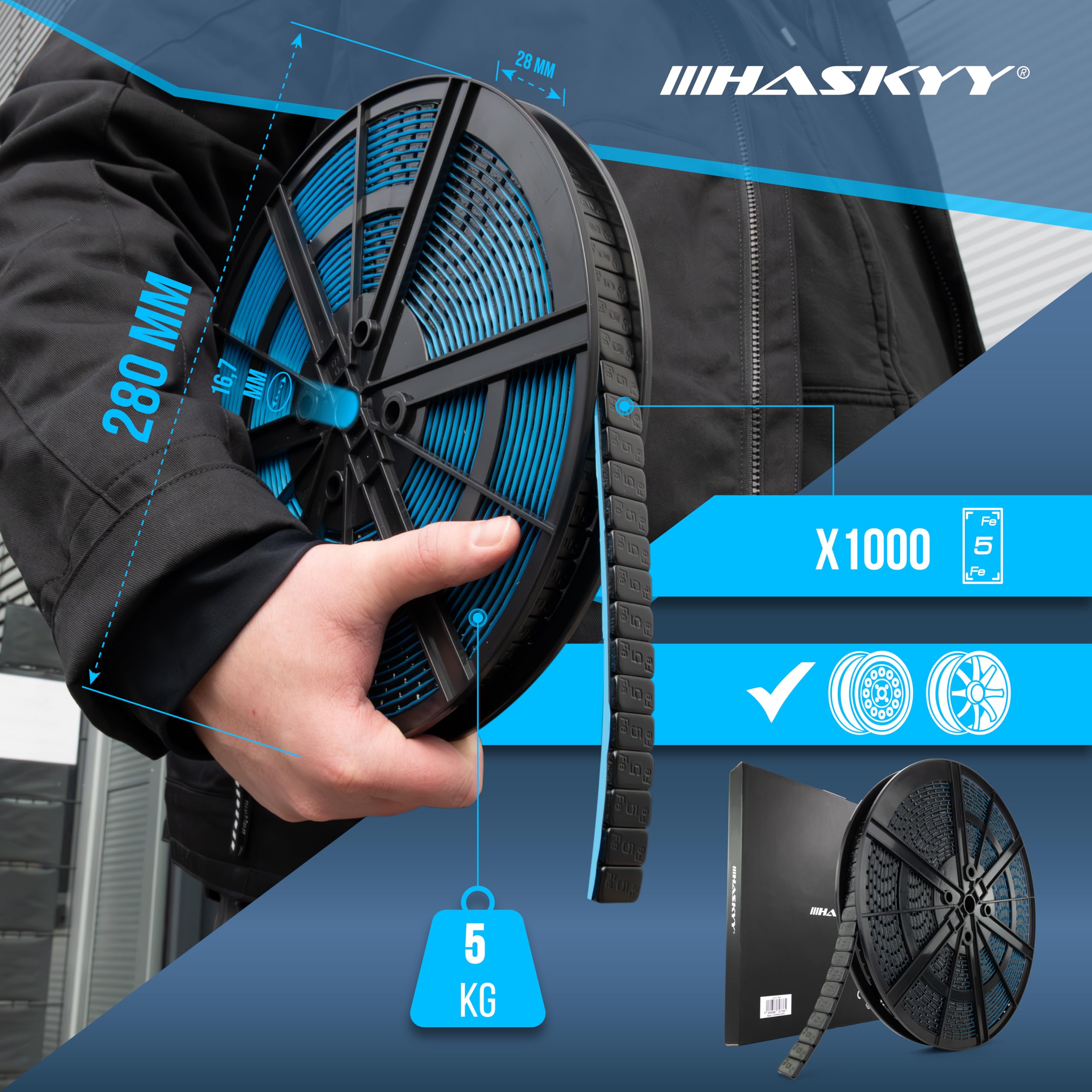 HASKYY 5 kg de masses d'équilibrage adhésives autocollantes 1000 x 5 g Noir Rouleau de poids avec bord détachable, poids d'équilibrage 19 mm de long, barrette adhésive pour jantes en acier et en