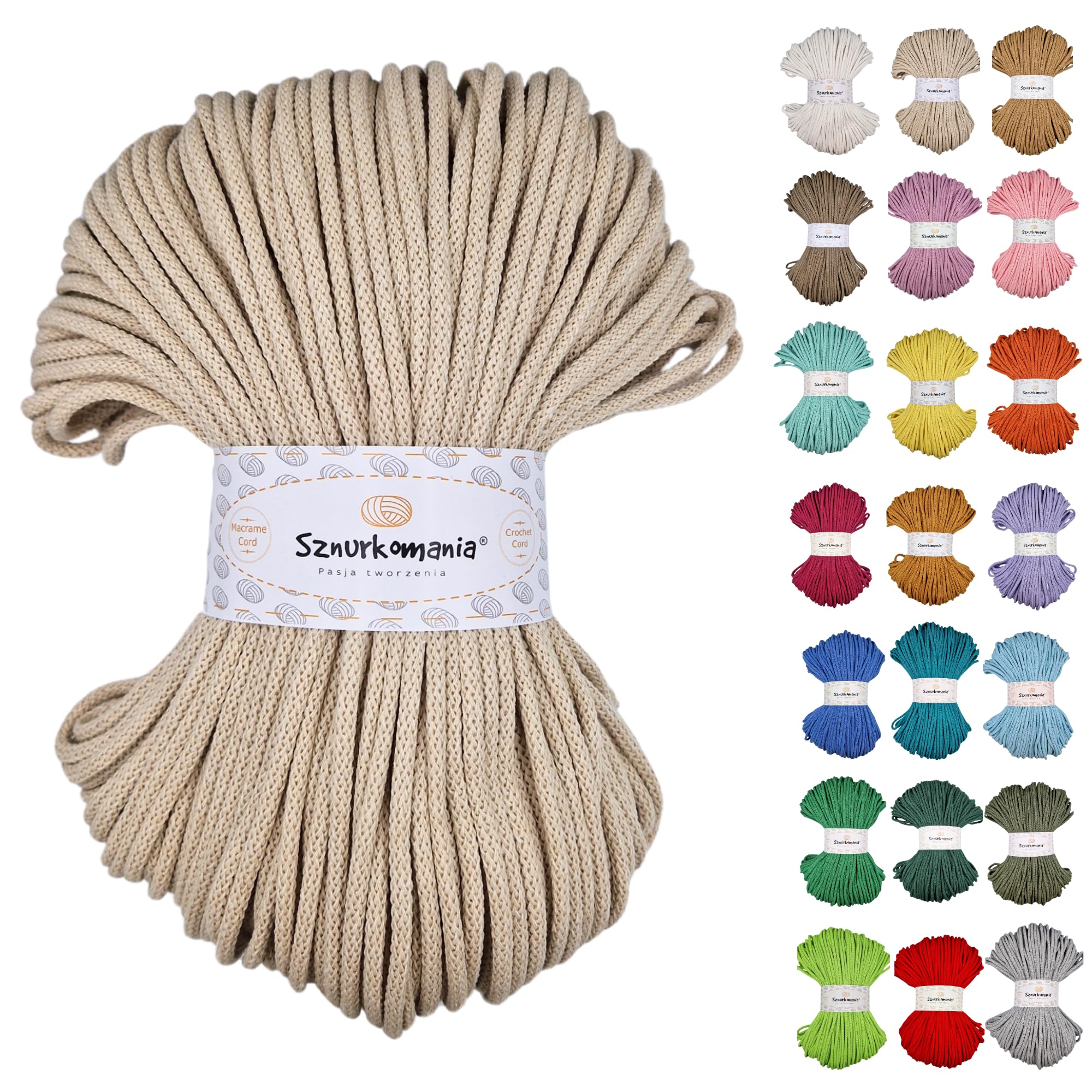 Sznurkomania Light Beige 5Mm 100M Braided Cotton Cord - 46 Colours Crochet Cable Macrame Cord - Premium Yarn (Light Beige)