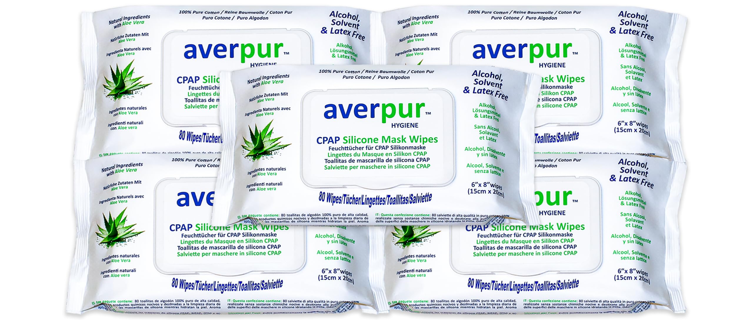 CPAP Reinigungstücher, 5 x 80 averpur ™ Maskentücher mit Aloe Vera,100% reine Baumwolle