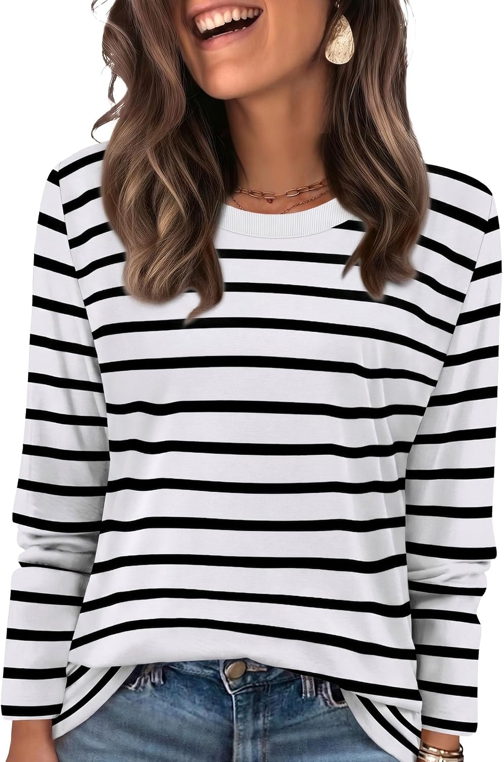 WIHOLL Womens Striped Long Sleeve Shirts Spring Outfits 2026 Color Block Tops Fashion Clothing Ribbed Crewneck Tee Blouses