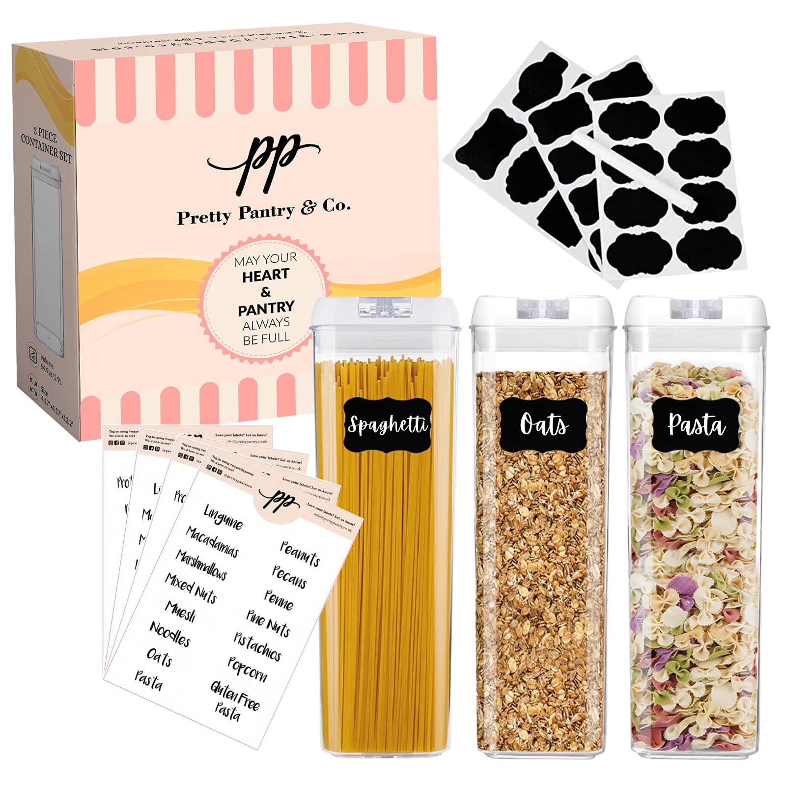 Pretty Pantry & Co Airtight Food Storage Container Set, 84 Free Pantry Labels & Marker, Food Storage Containers Ideal for Kitchen Storage & Organization (Set of 3)