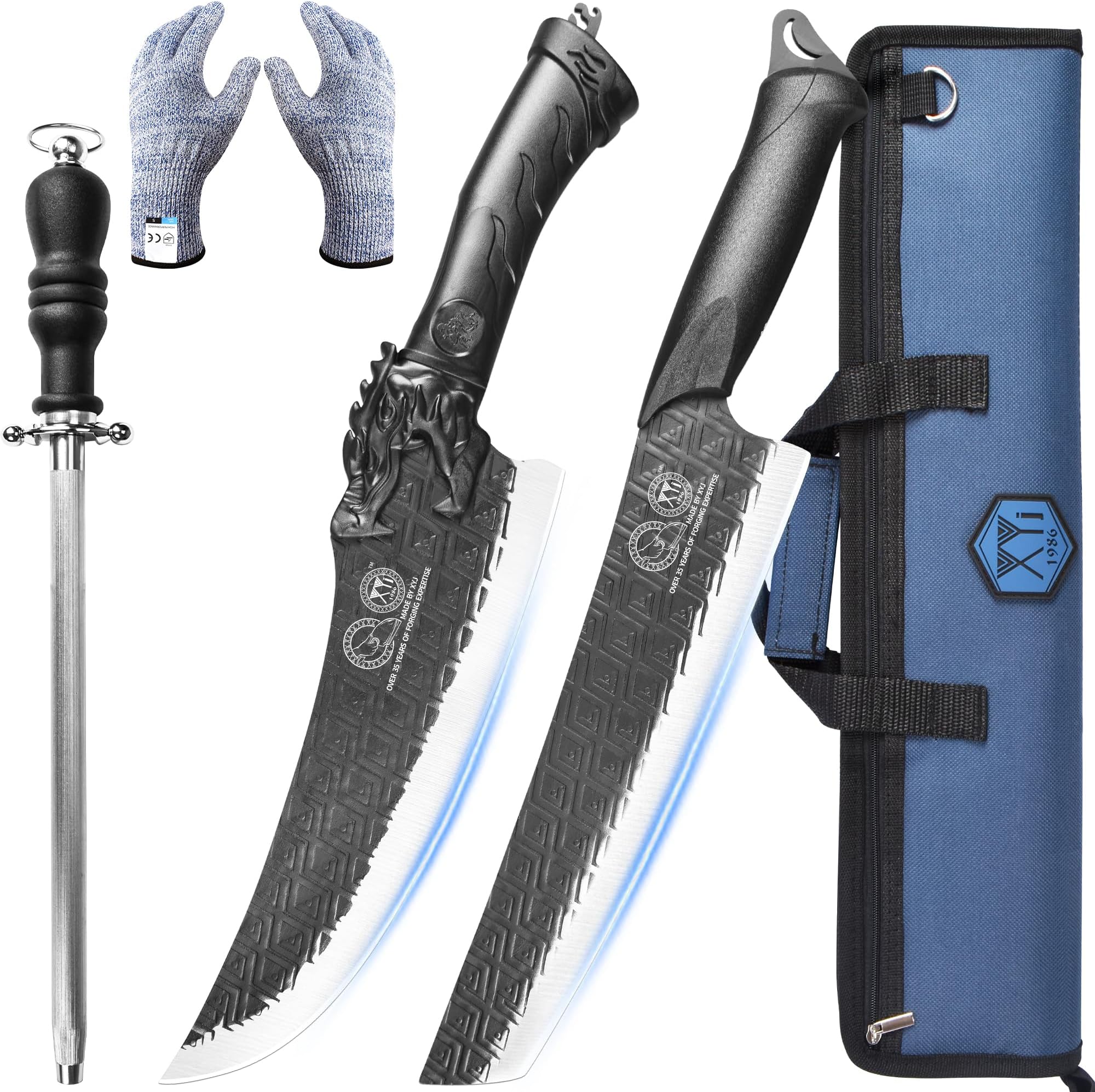 XYJ 10 Inch Professional Chef Knife Set with Bag,Since 1986, Portable Culinary Cooking Knife Set, Full Tang Camping Slicing Vegetable Knives Sharpening Stick,Gifts for Mom Dad