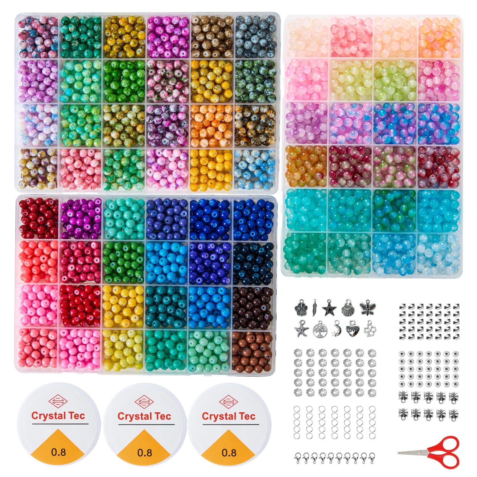 Kit de cuentas de vidrio ASIMASIKE para hacer joyas, 3 cajas, 72 colores, 3000 cuentas redondas de colores para pulseras, collares, pendientes, llaveros, 6 mm