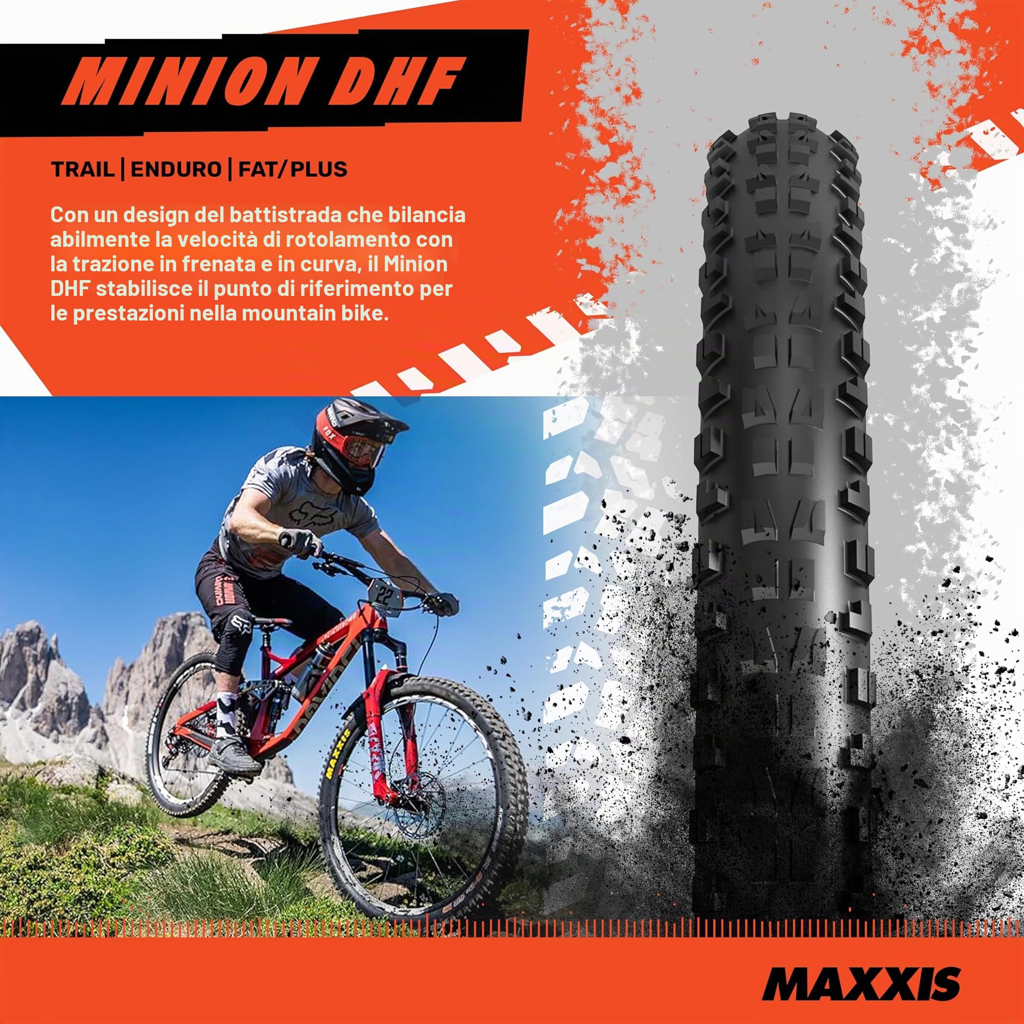 Maxxis Minion DHF - Pneumatico Dual Compound, 20, 24, 26, 27.5, 29, EXO, E25 Rating, Tubeless, Gold Standard of Gravity Focused Tread