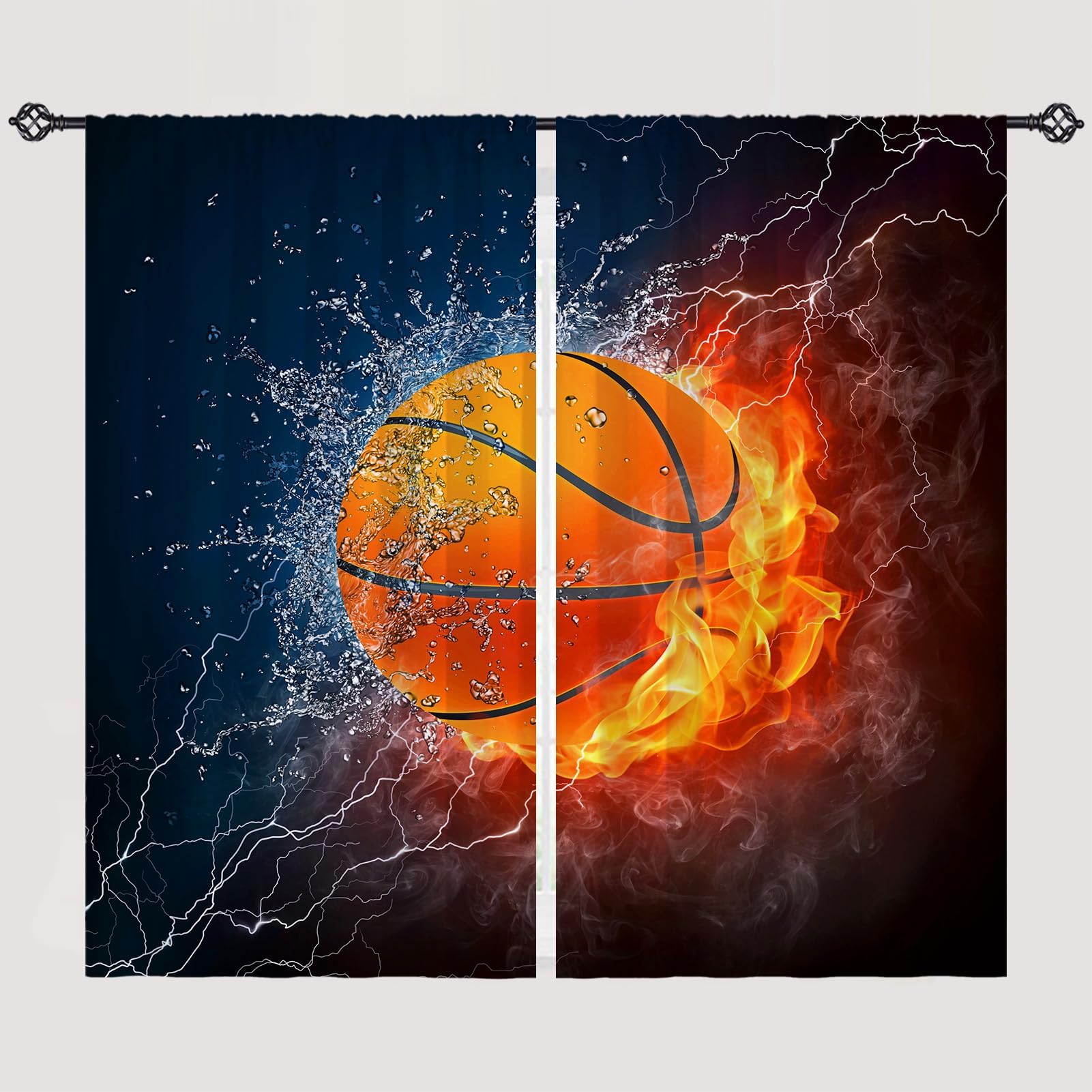Basketball Curtains W28 x L48 Inch Rod Pocket Kids Sports Fire Ball Water Flame Thunder Lightning Print Pattern Privacy Fabric Window Drapes for Boys Bedroom Nursery Baby Playroom 2 Panels